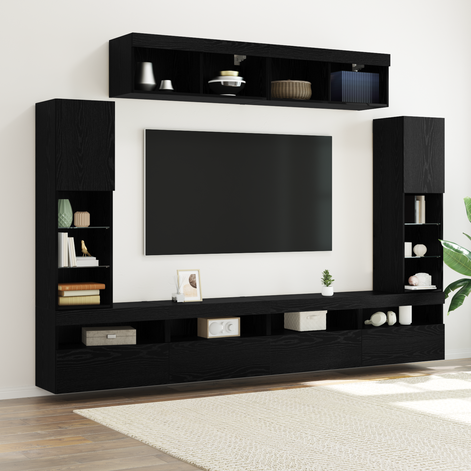 Set de 8 unități TV de perete cu LED din stejar negru și lemn prelucrat GartenMobel Dekor
