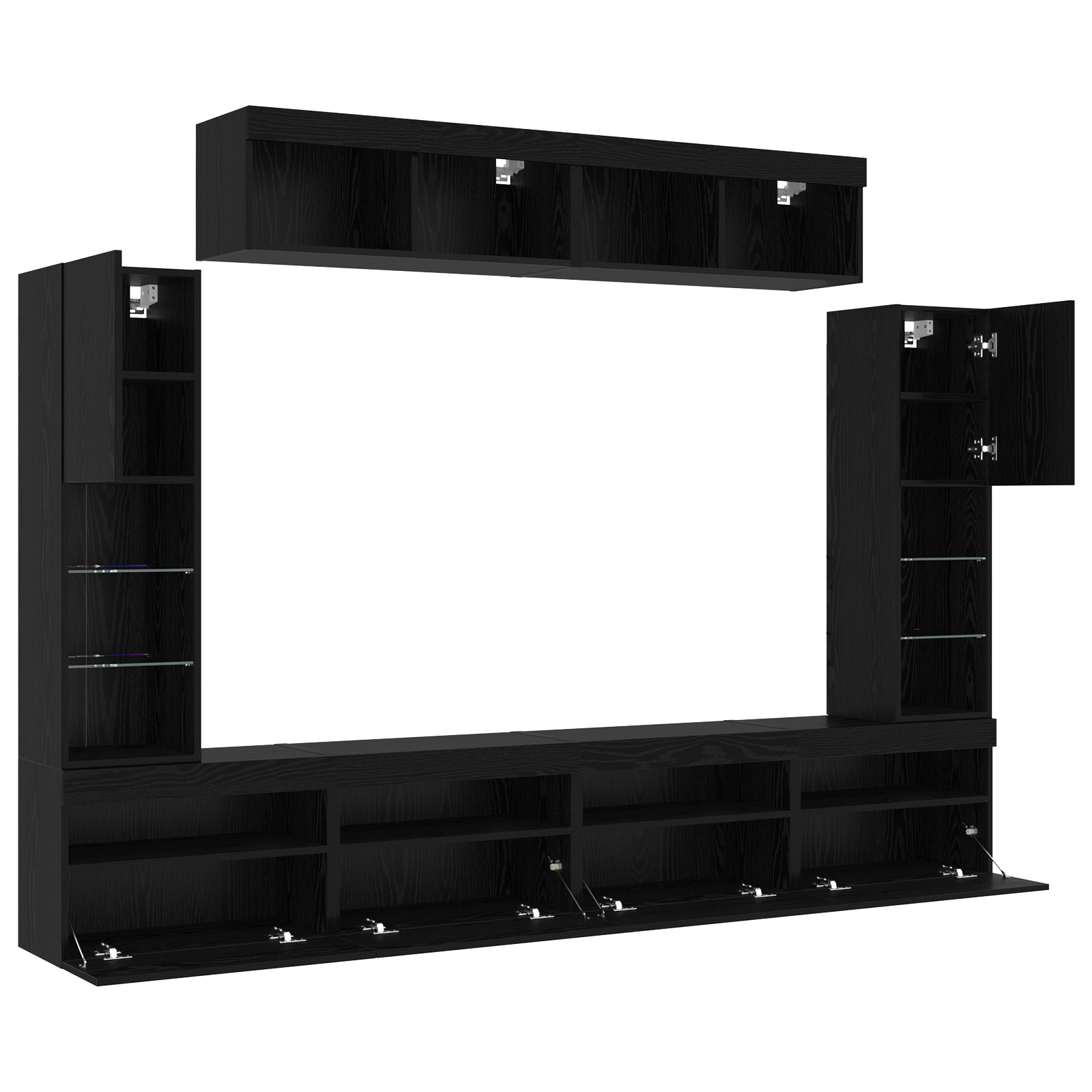 Set de 8 unități TV de perete cu LED din stejar negru și lemn prelucrat GartenMobel Dekor