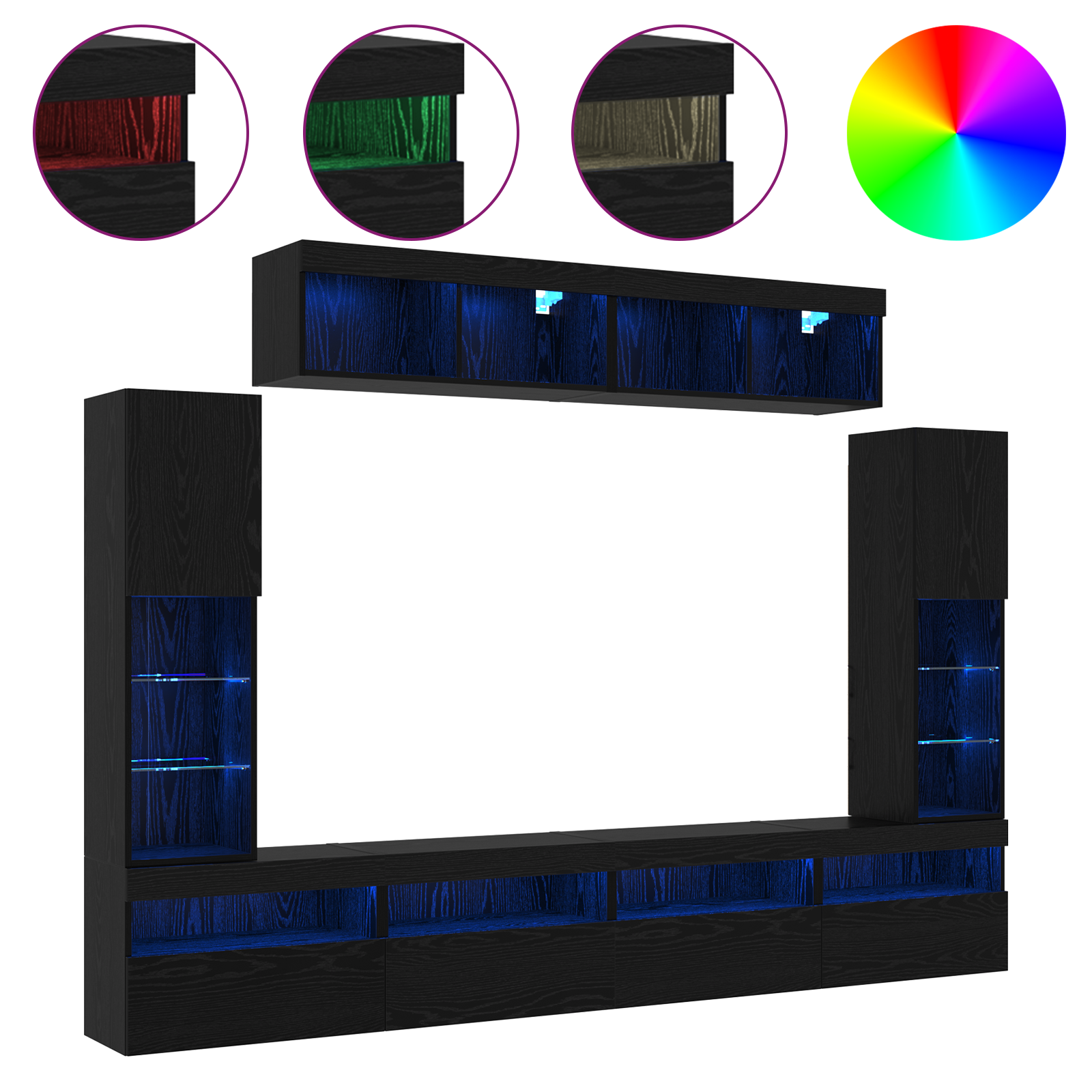 Set de 8 unități TV de perete cu LED din stejar negru și lemn prelucrat GartenMobel Dekor