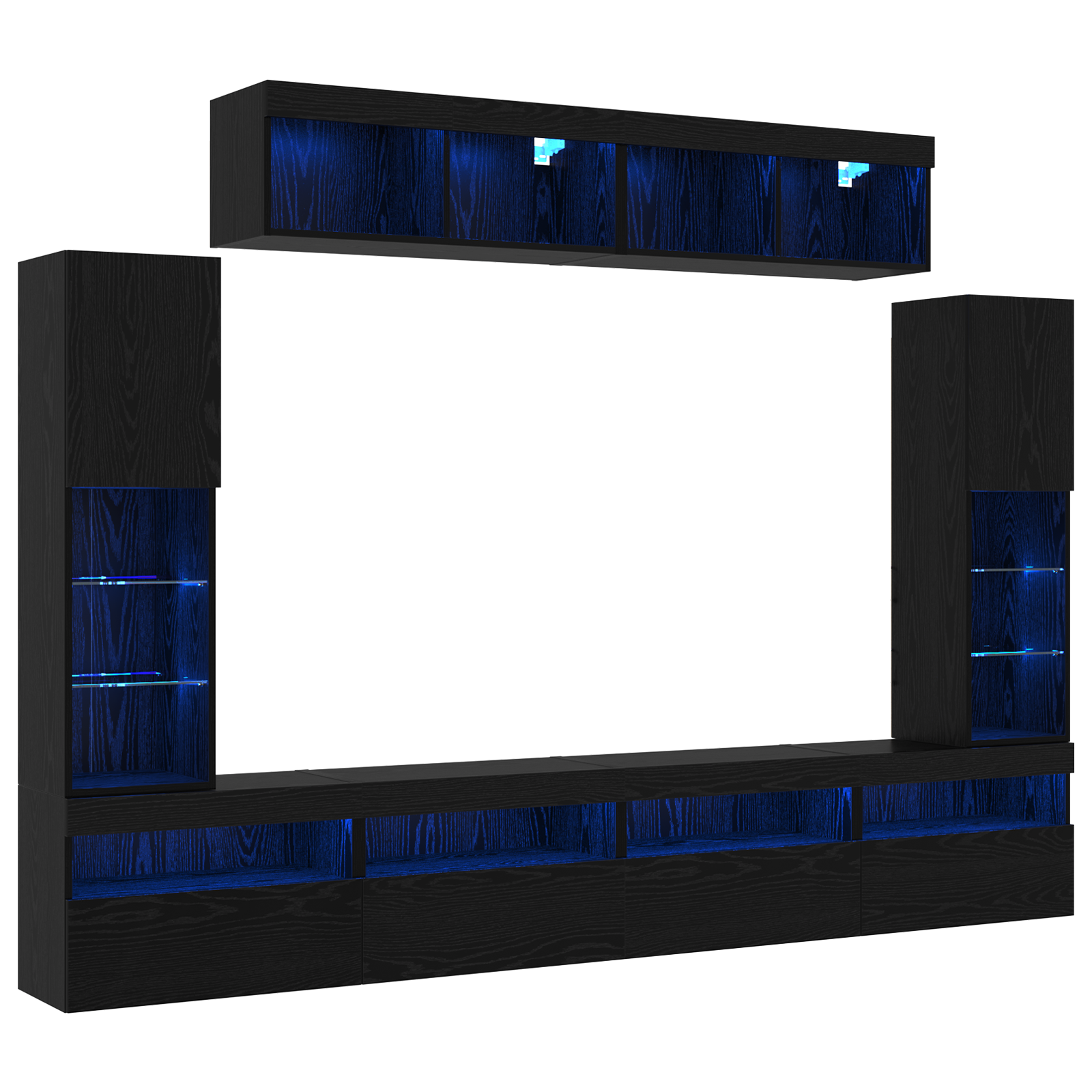 Set de 8 unități TV de perete cu LED din stejar negru și lemn prelucrat GartenMobel Dekor