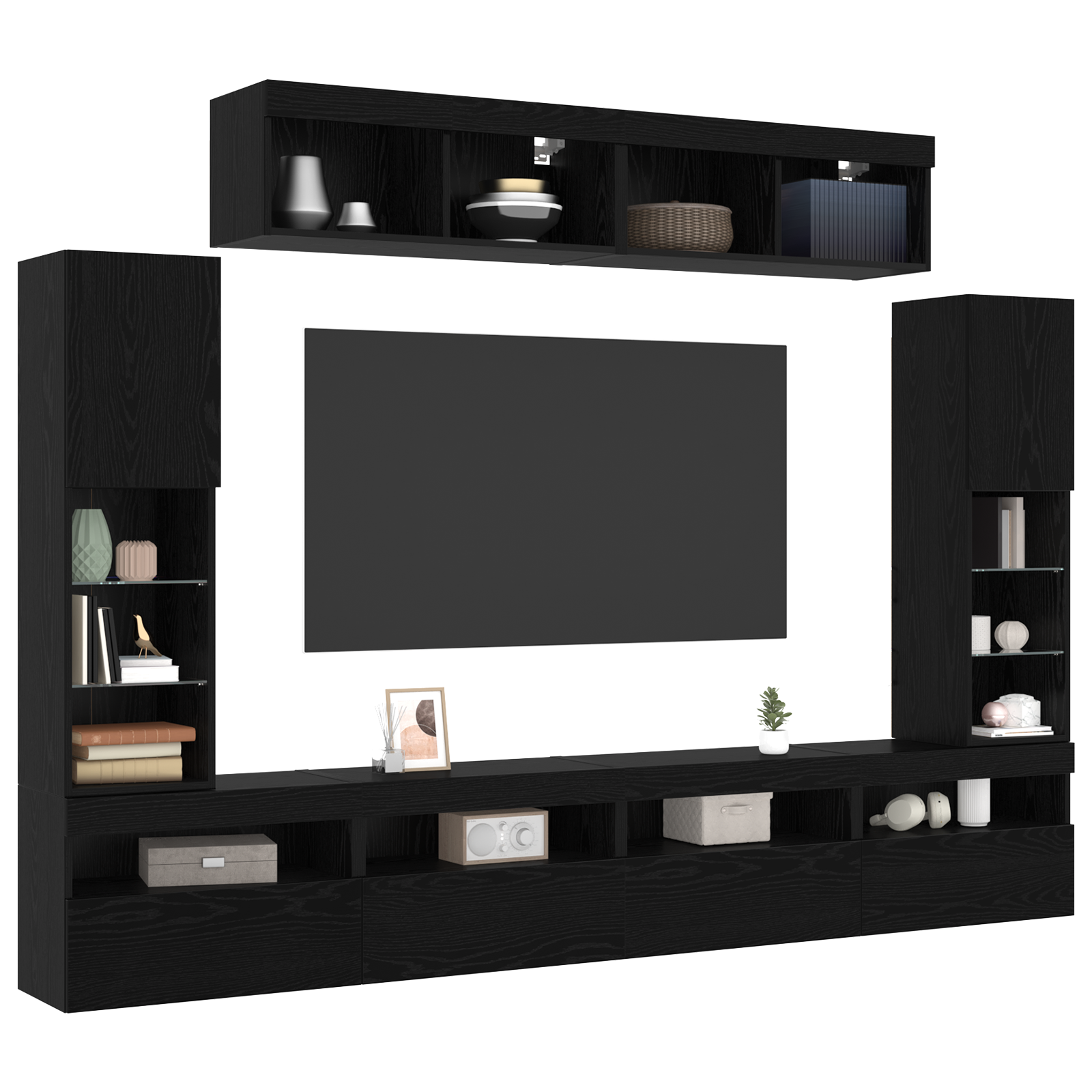Set de 8 unități TV de perete cu LED din stejar negru și lemn prelucrat GartenMobel Dekor