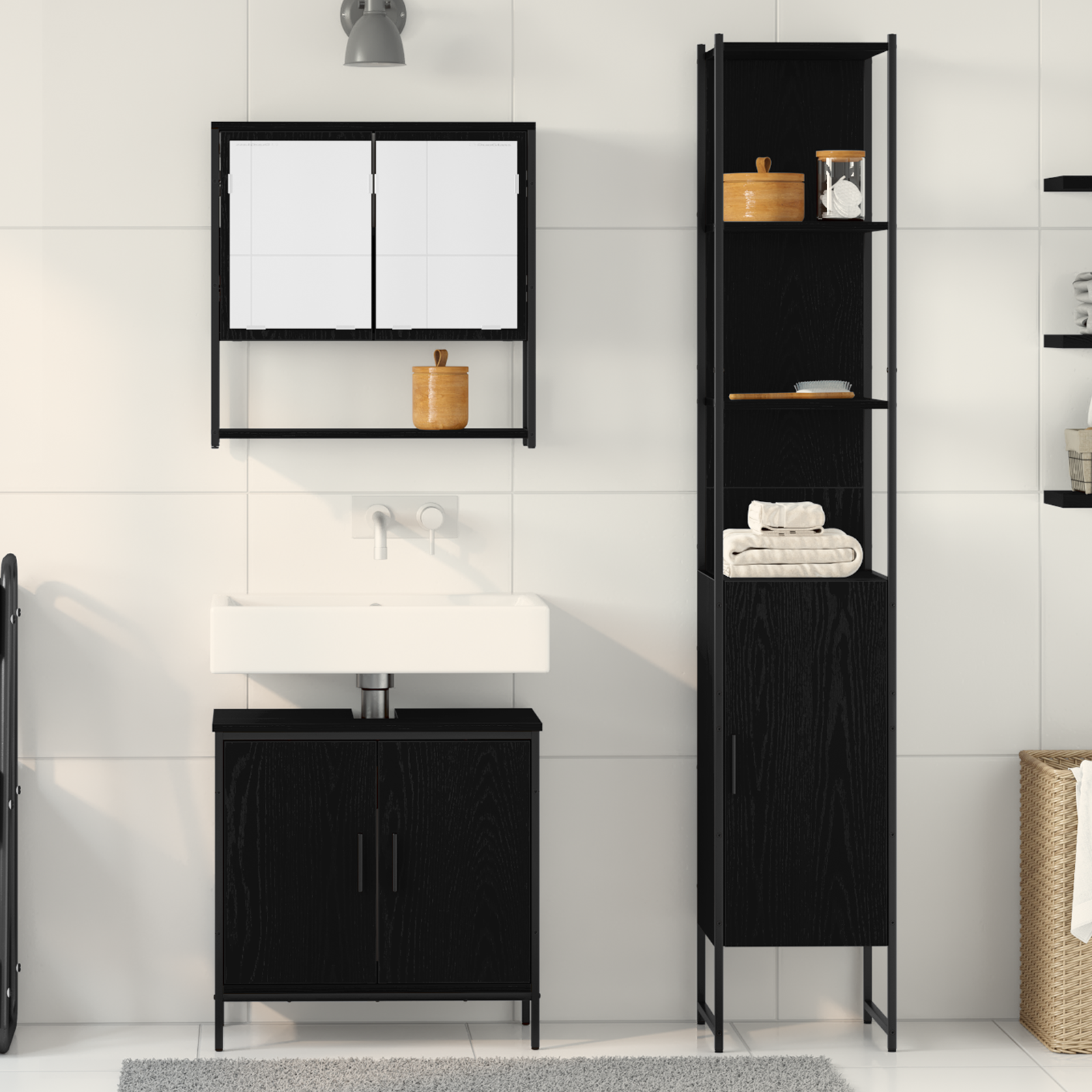 Set de Mobilier pentru Baie 3 Piese Negru Stejar Lemn Prelucrat GartenMobel Dekor