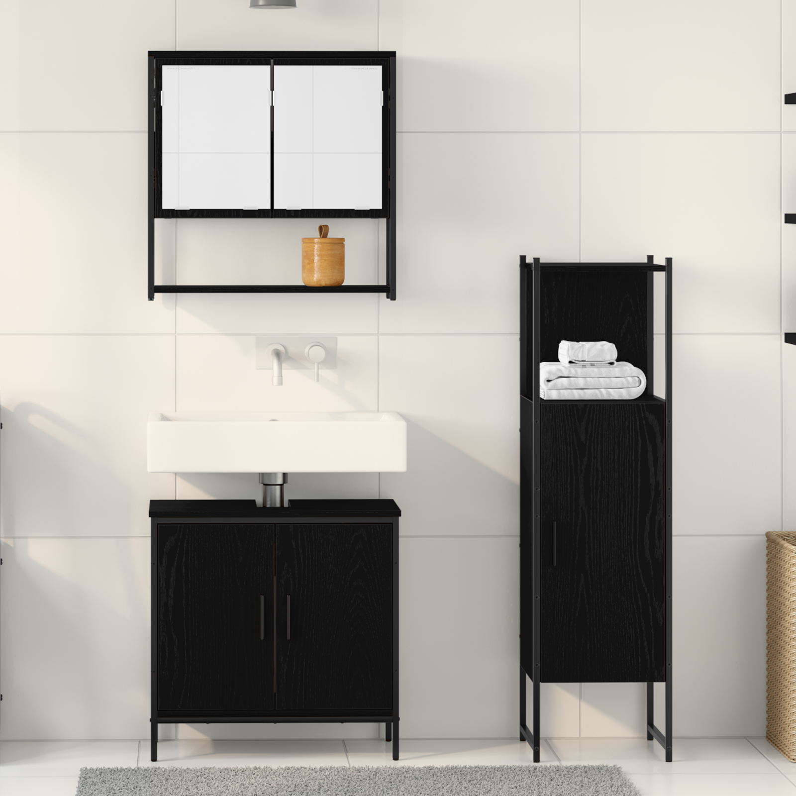 Set de Mobilier pentru Baie 3 Piese Negru Stejar Lemn Prelucrat GartenMobel Dekor