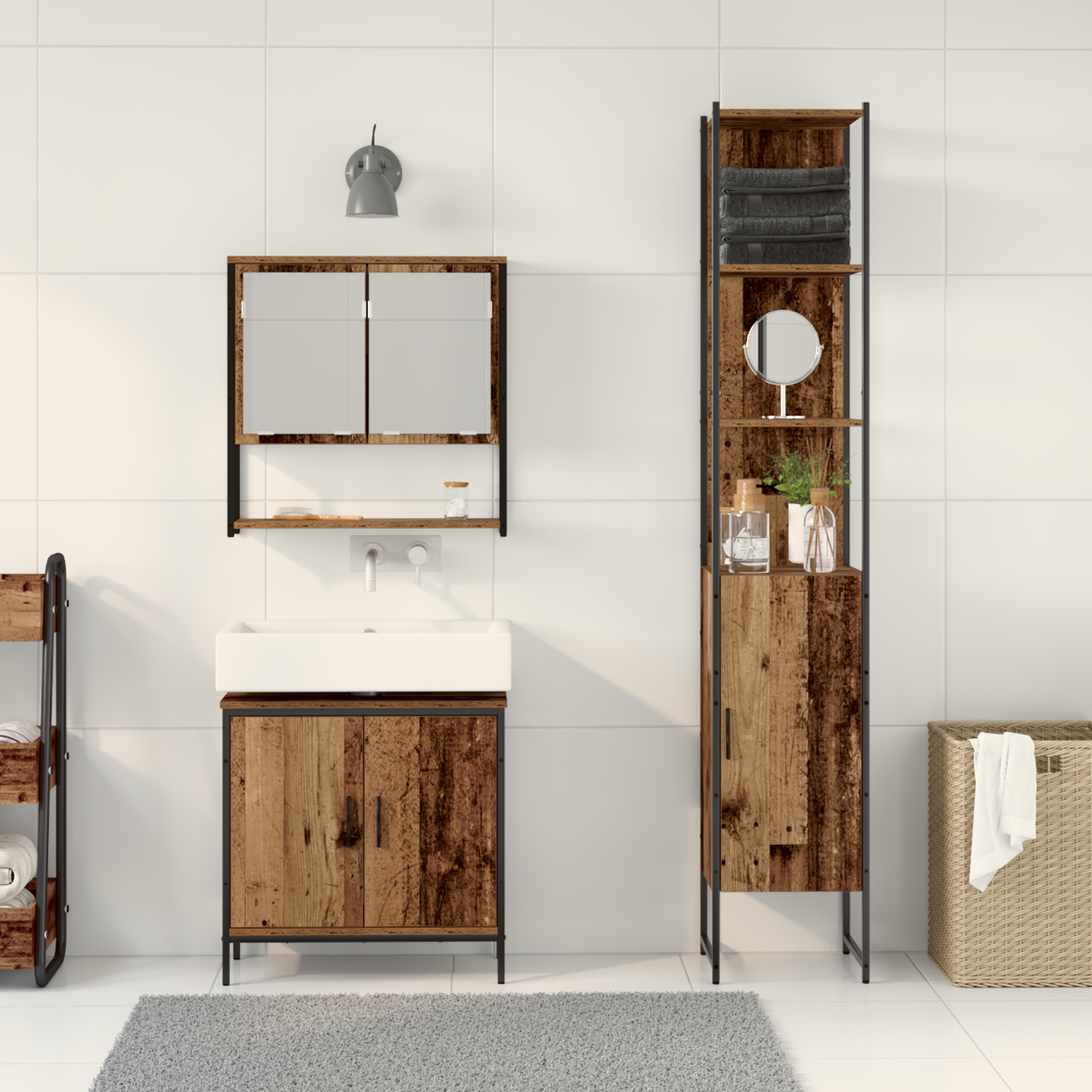 Set de mobilier pentru baie , 3 piese, lemn vechi, lemn compus GartenMobel Dekor