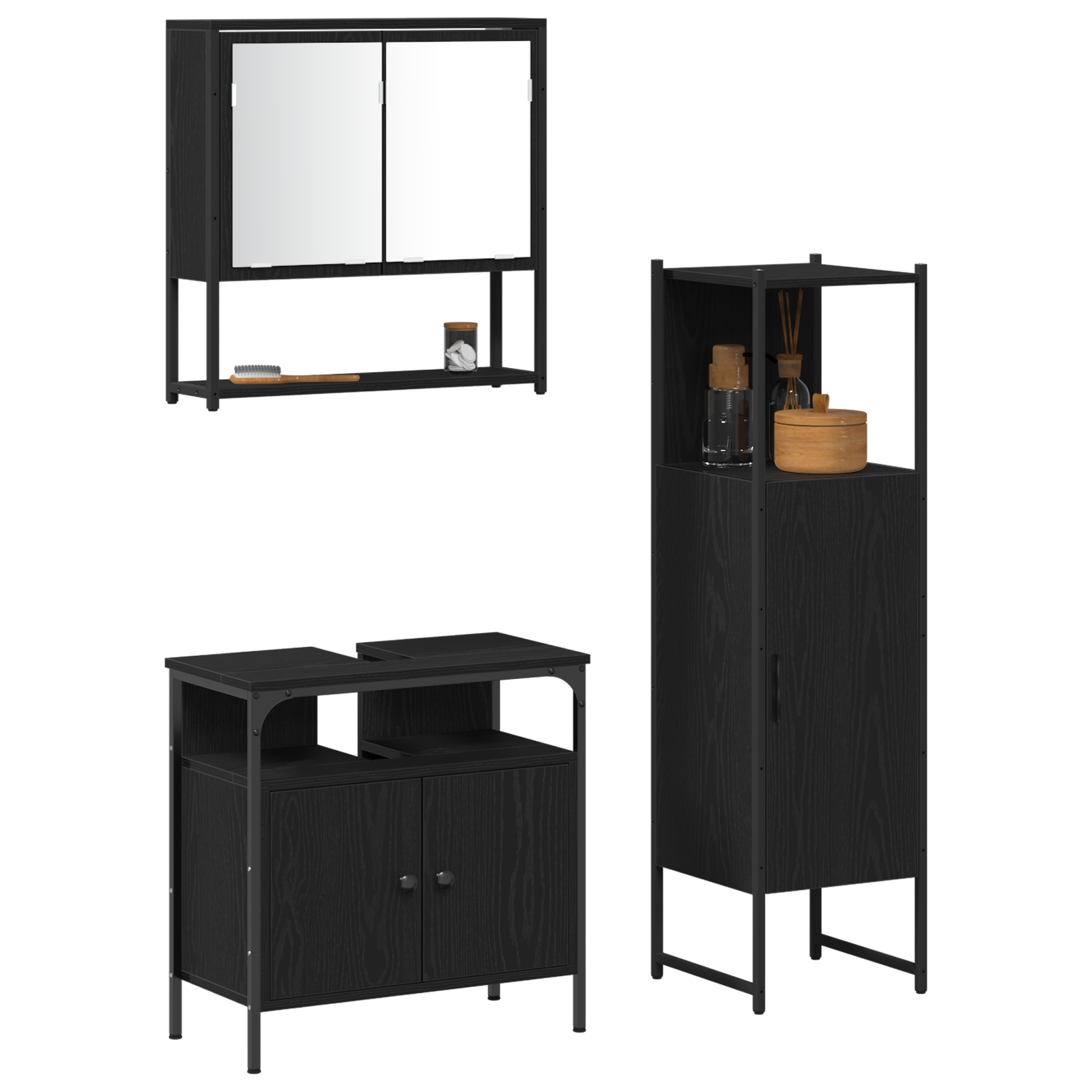 Set de mobilier pentru baie 3 piese stejar negru lemn compus GartenMobel Dekor