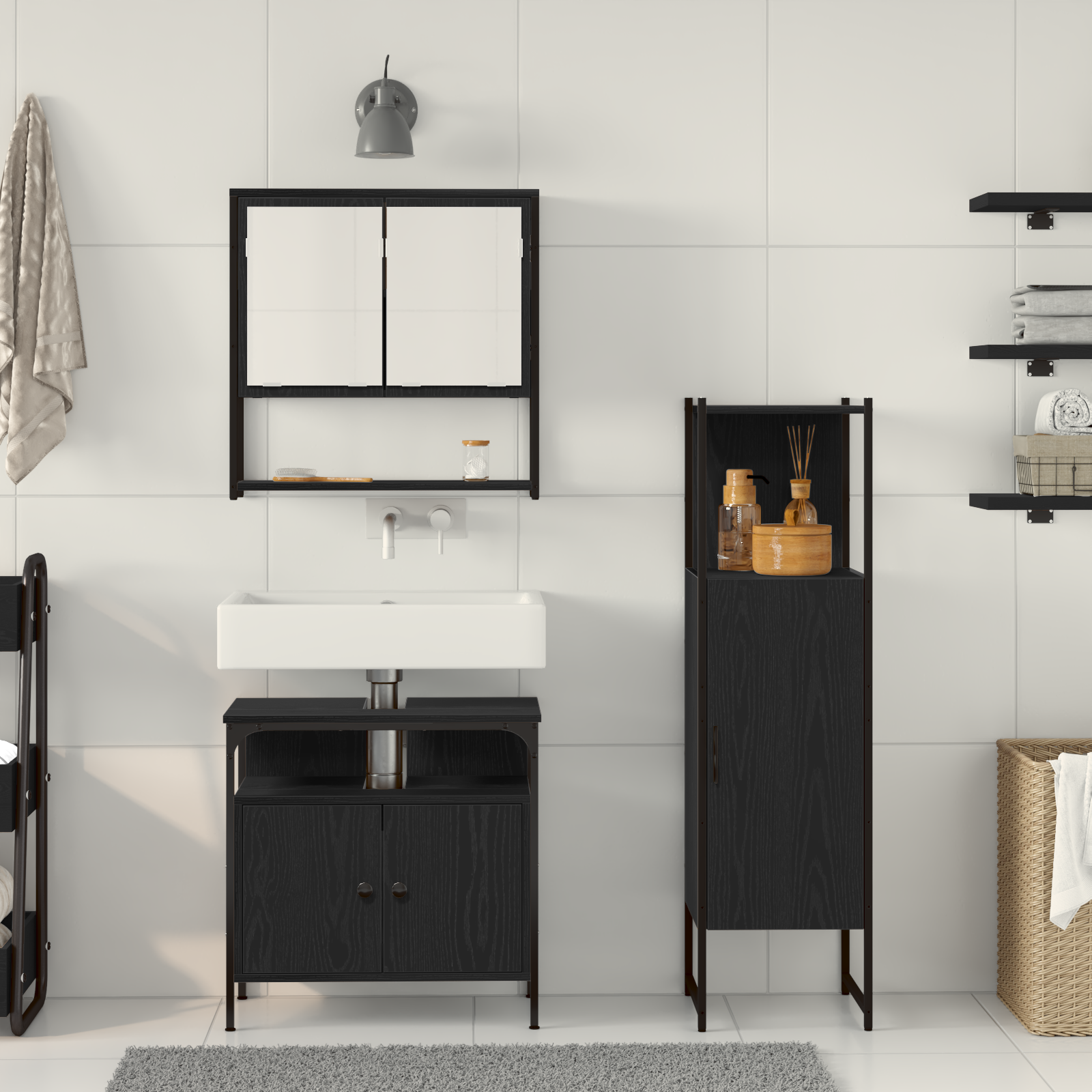 Set de mobilier pentru baie 3 piese stejar negru lemn compus GartenMobel Dekor