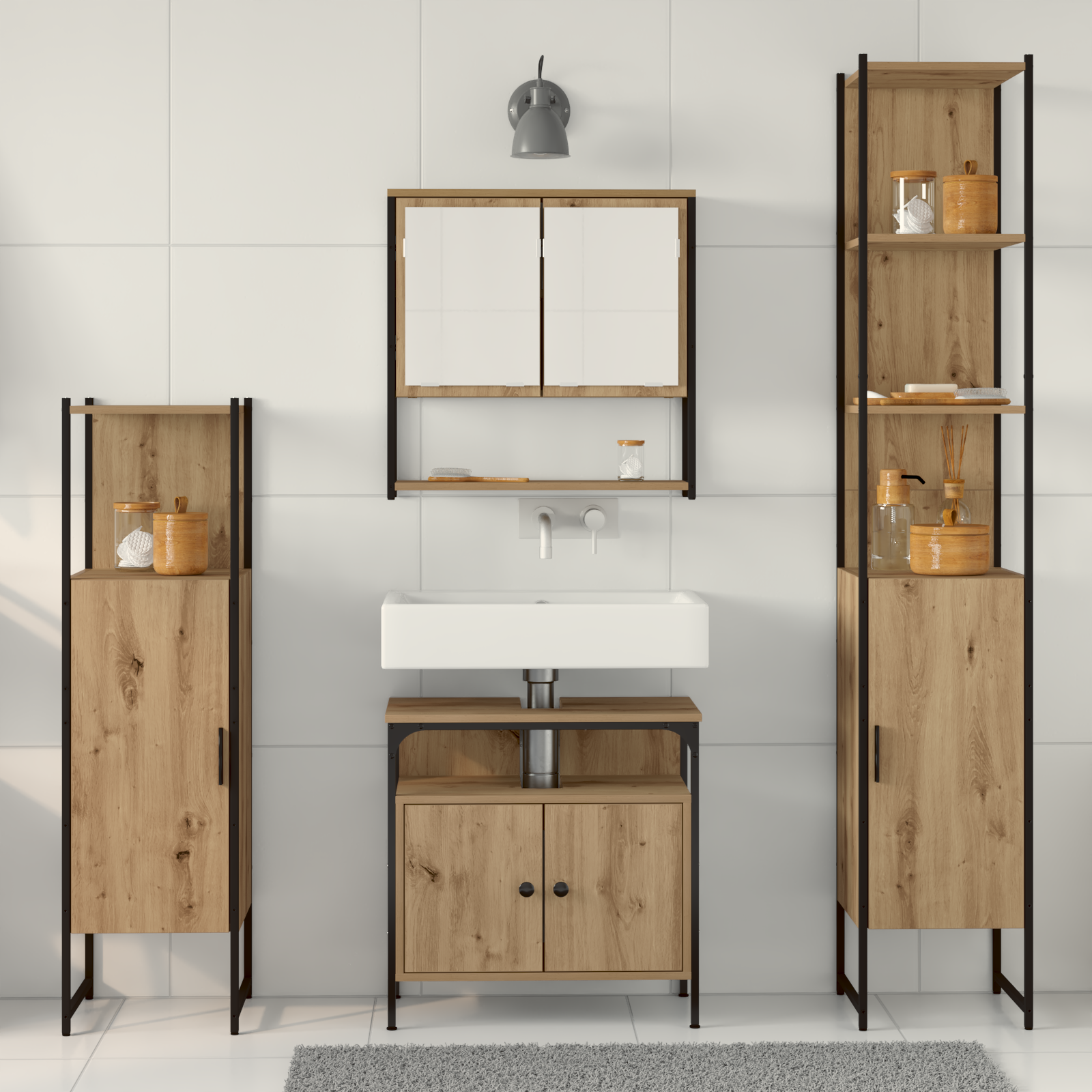 Set de mobilier pentru baie 4 piese din lemn stratificat de stejar GartenMobel Dekor