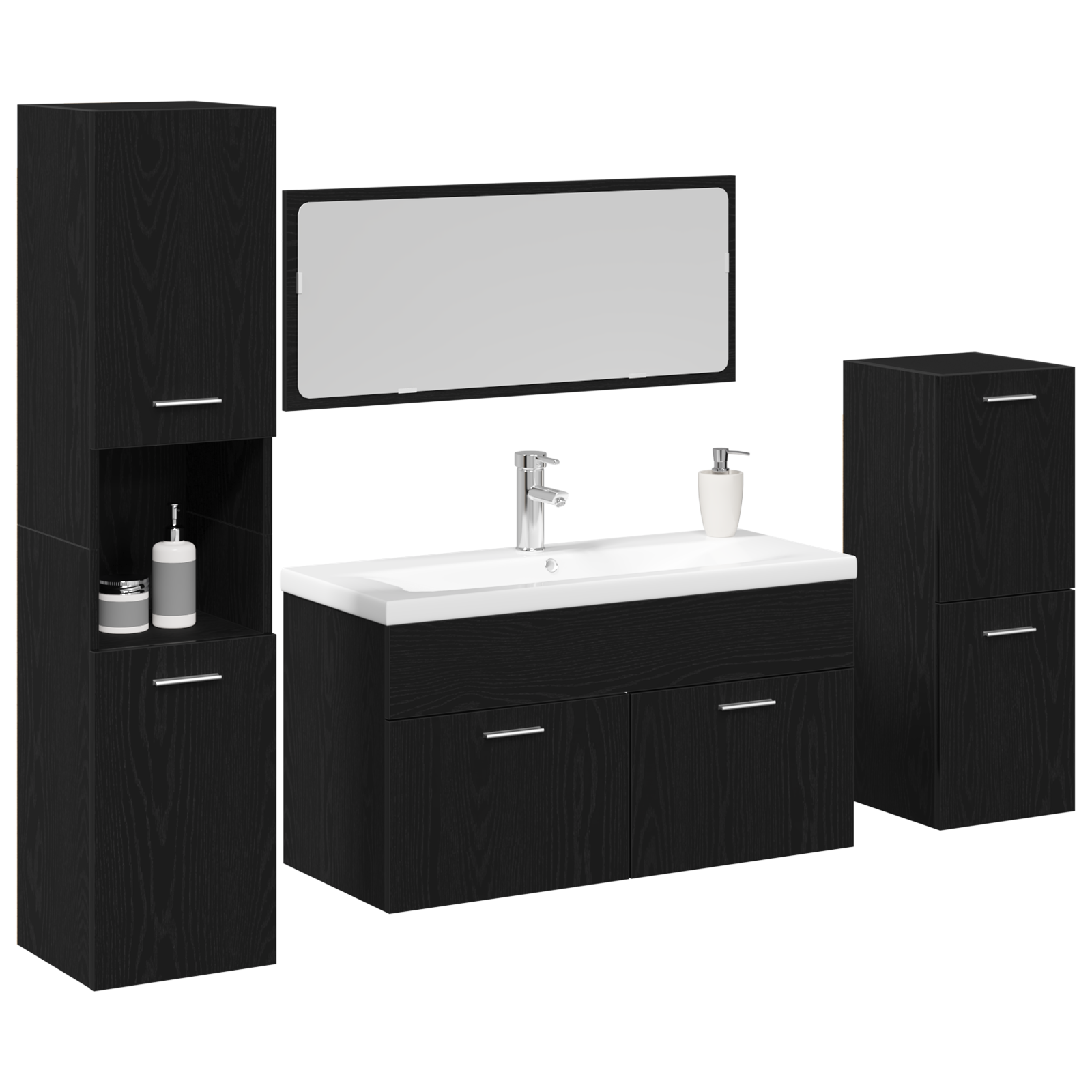 Set de mobilier pentru baie 4 piese lemn ingineresc stejar negru GartenMobel Dekor