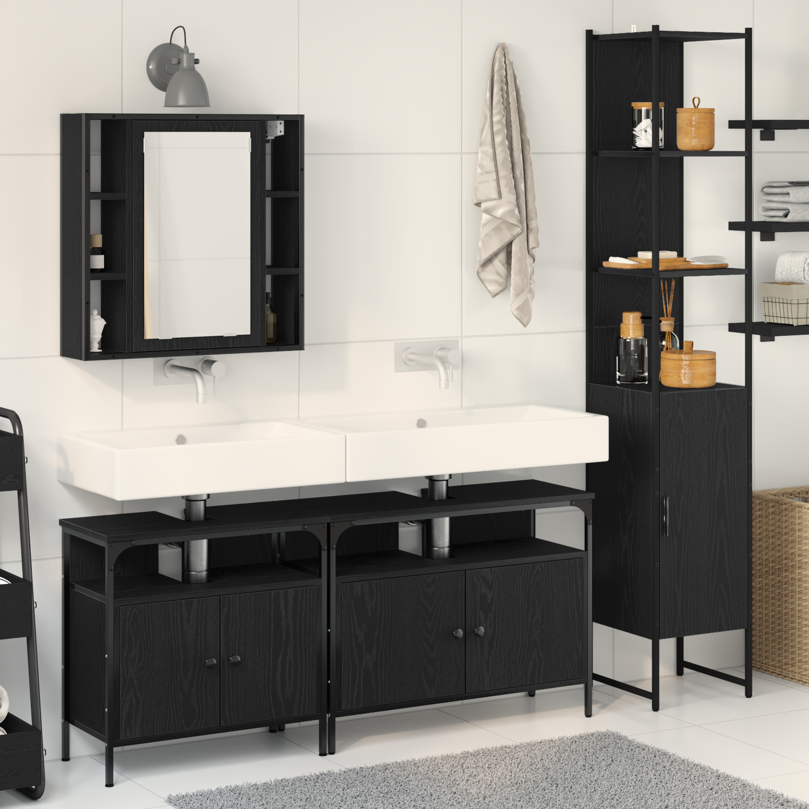 Set mobilier baie 4 piese Stejar negru Lemn prelucrat GartenMobel Dekor