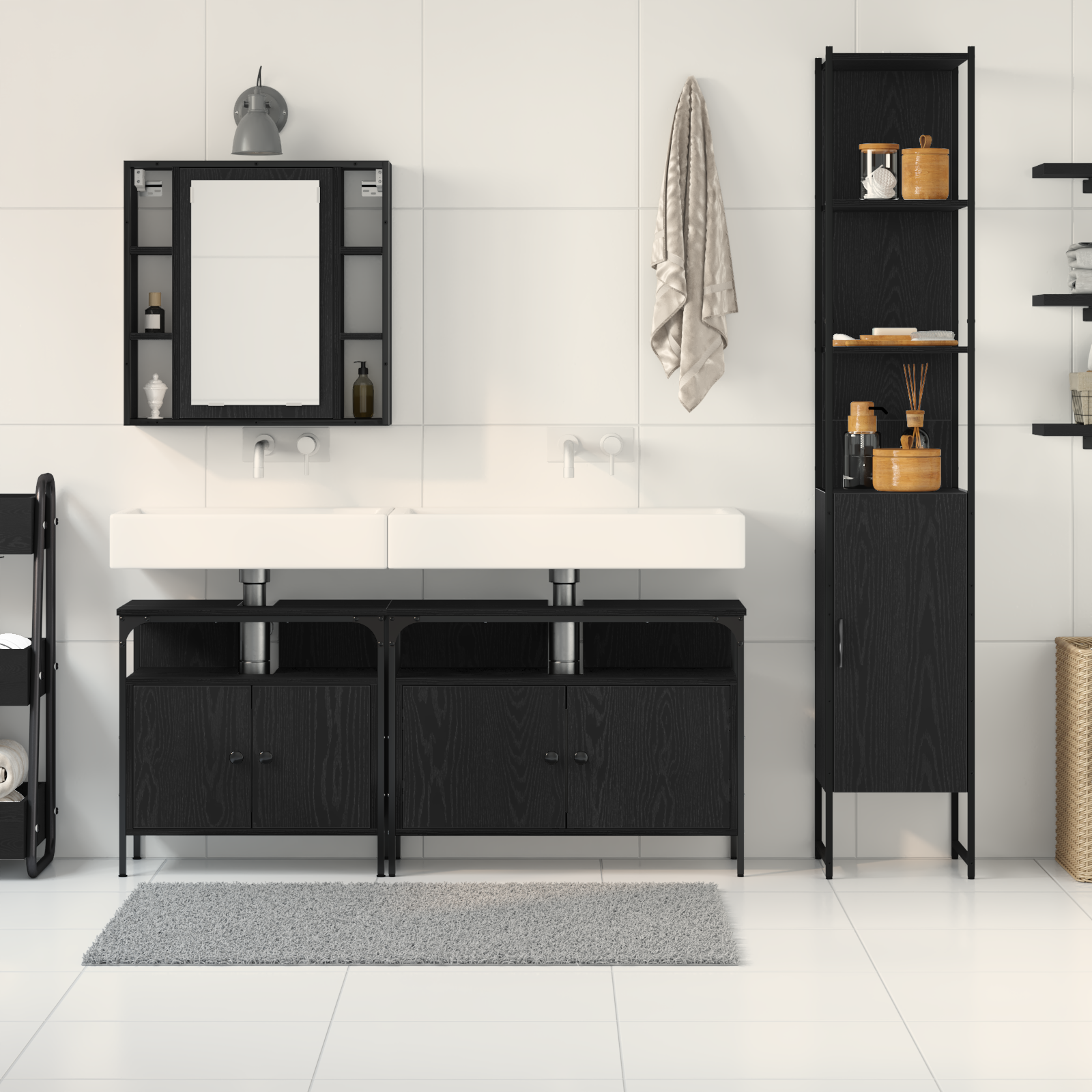 Set mobilier baie 4 piese Stejar negru Lemn prelucrat GartenMobel Dekor