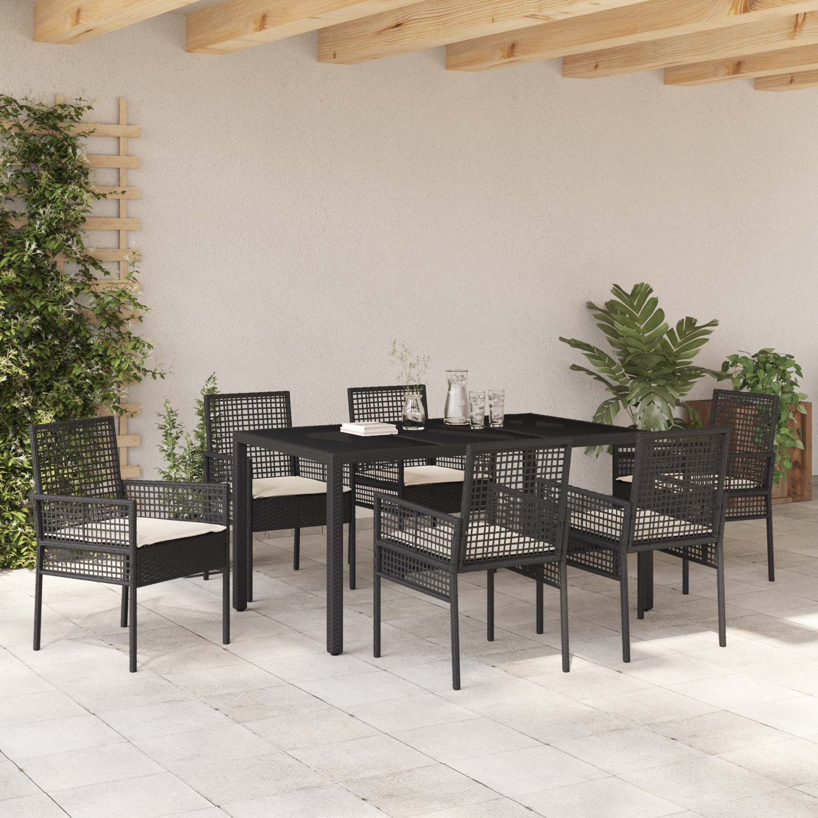 Set de Dining pentru Grădină din 7 Piese cu Perne Poliratan Negru GartenMobel Dekor