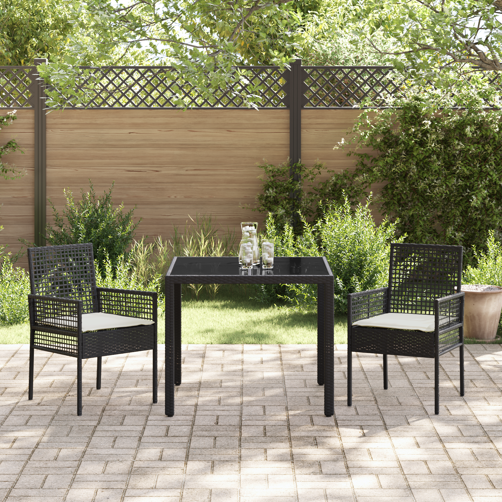 Set de dining pentru grădină  3 piese cu perne Negru Poliratan GartenMobel Dekor