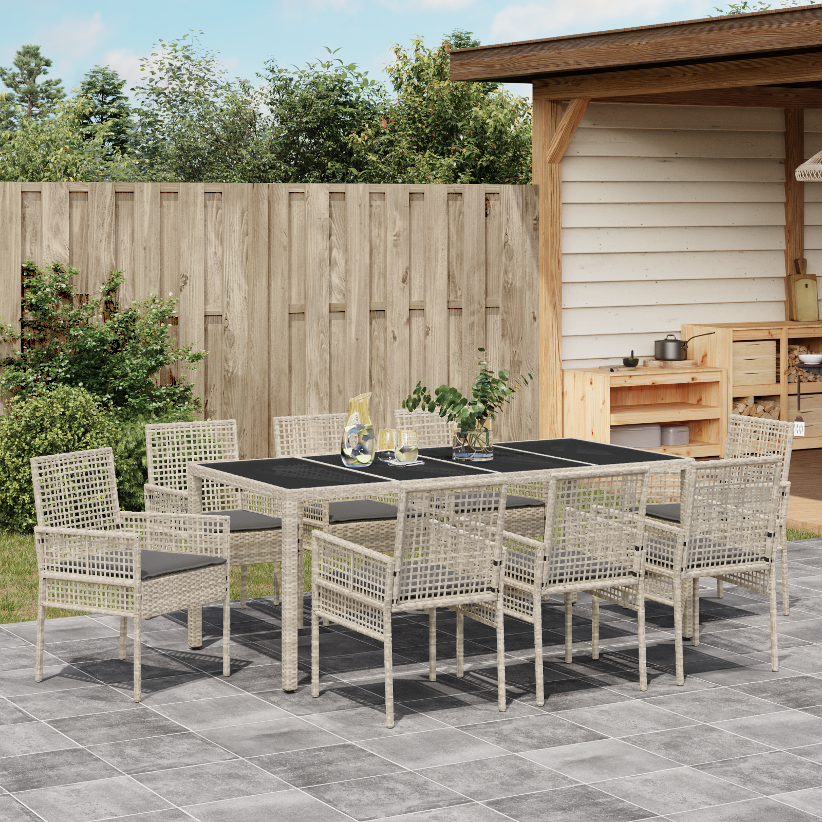 Set de masă pentru grădină , 9 piese, gri deschis, poliratan GartenMobel Dekor