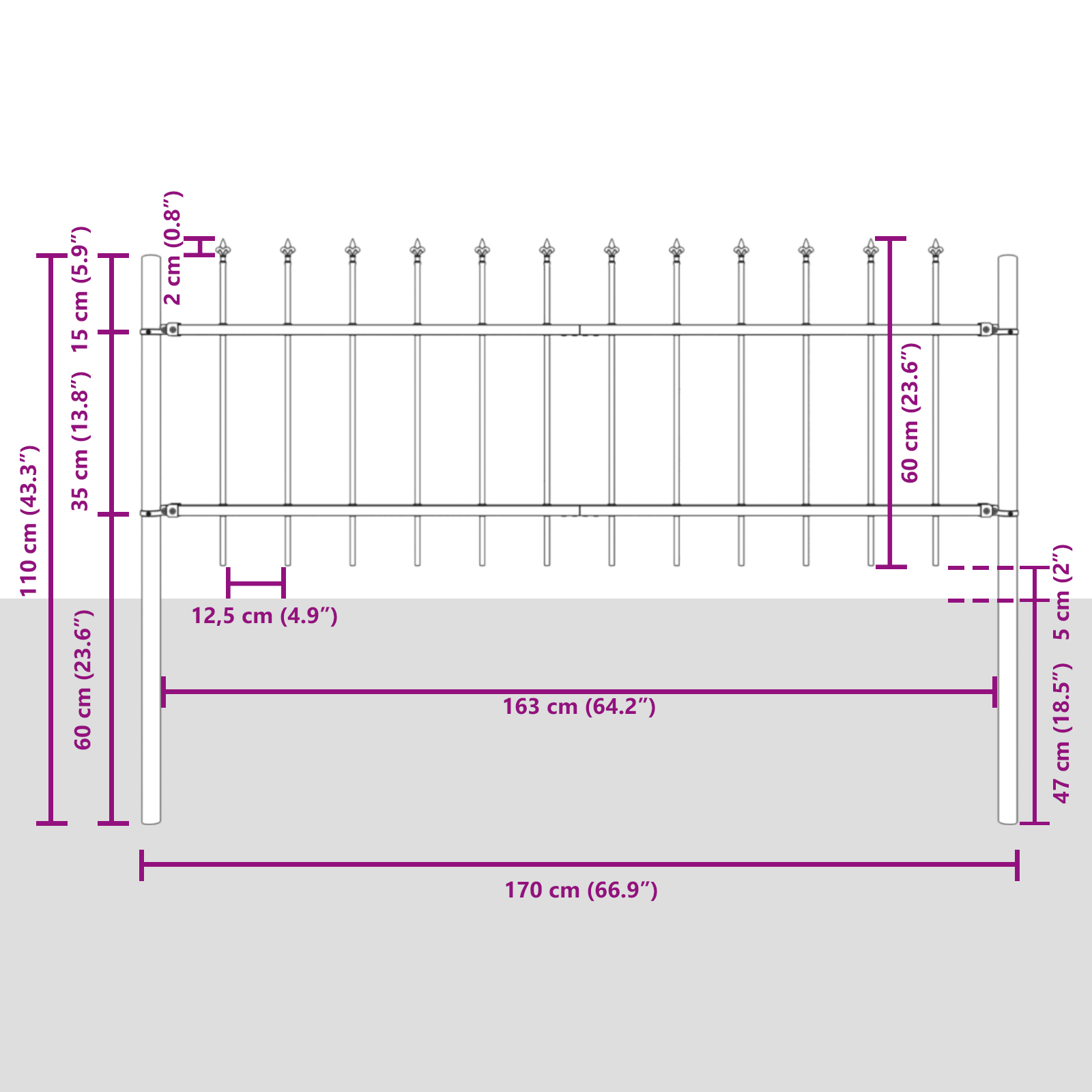 Gard cu Vârf de Lance Gri 5,1x0,6 m Oțel GartenMobel Dekor
