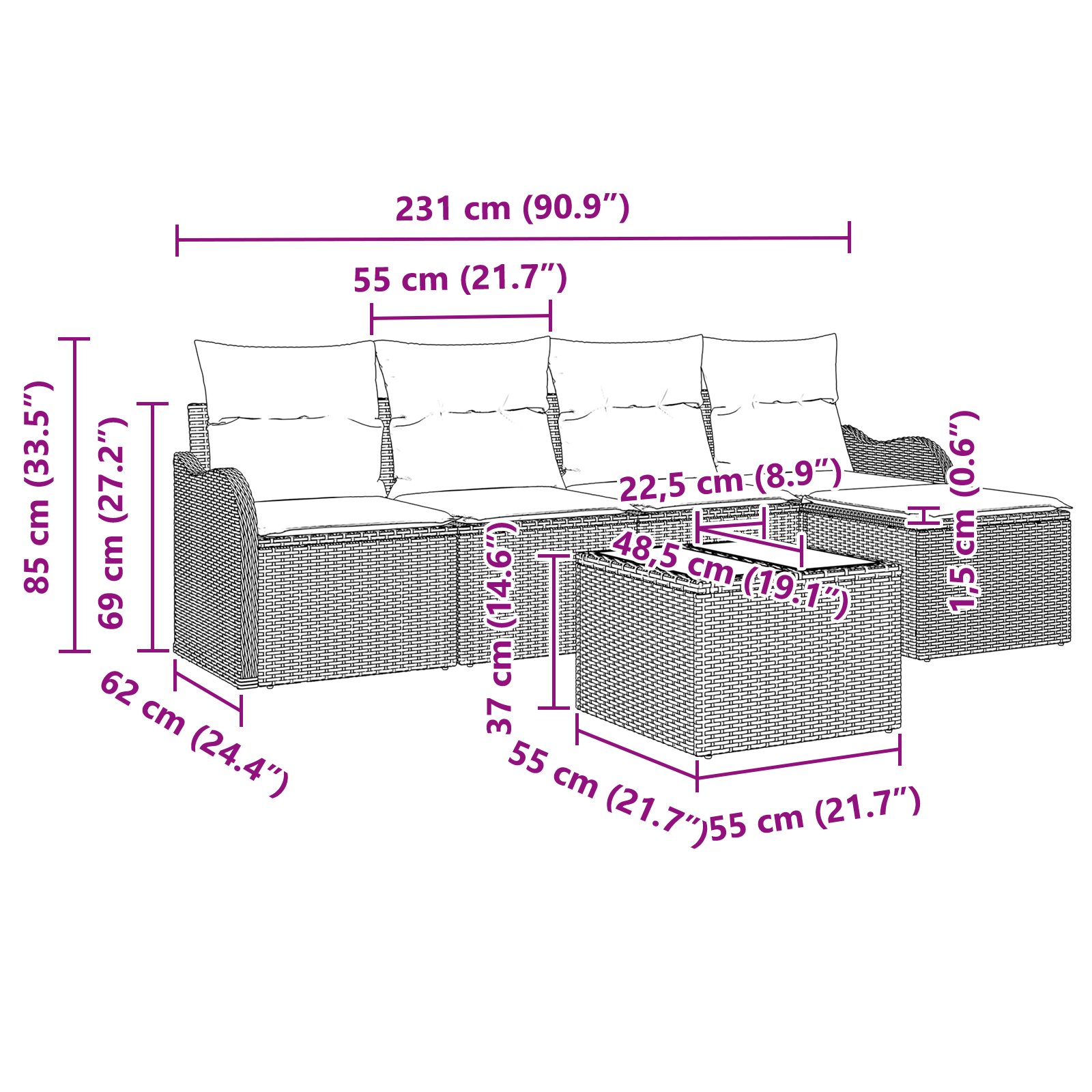 Set de canapea de grădină cu 6 piese și perne din ratan poli negru GartenMobel Dekor