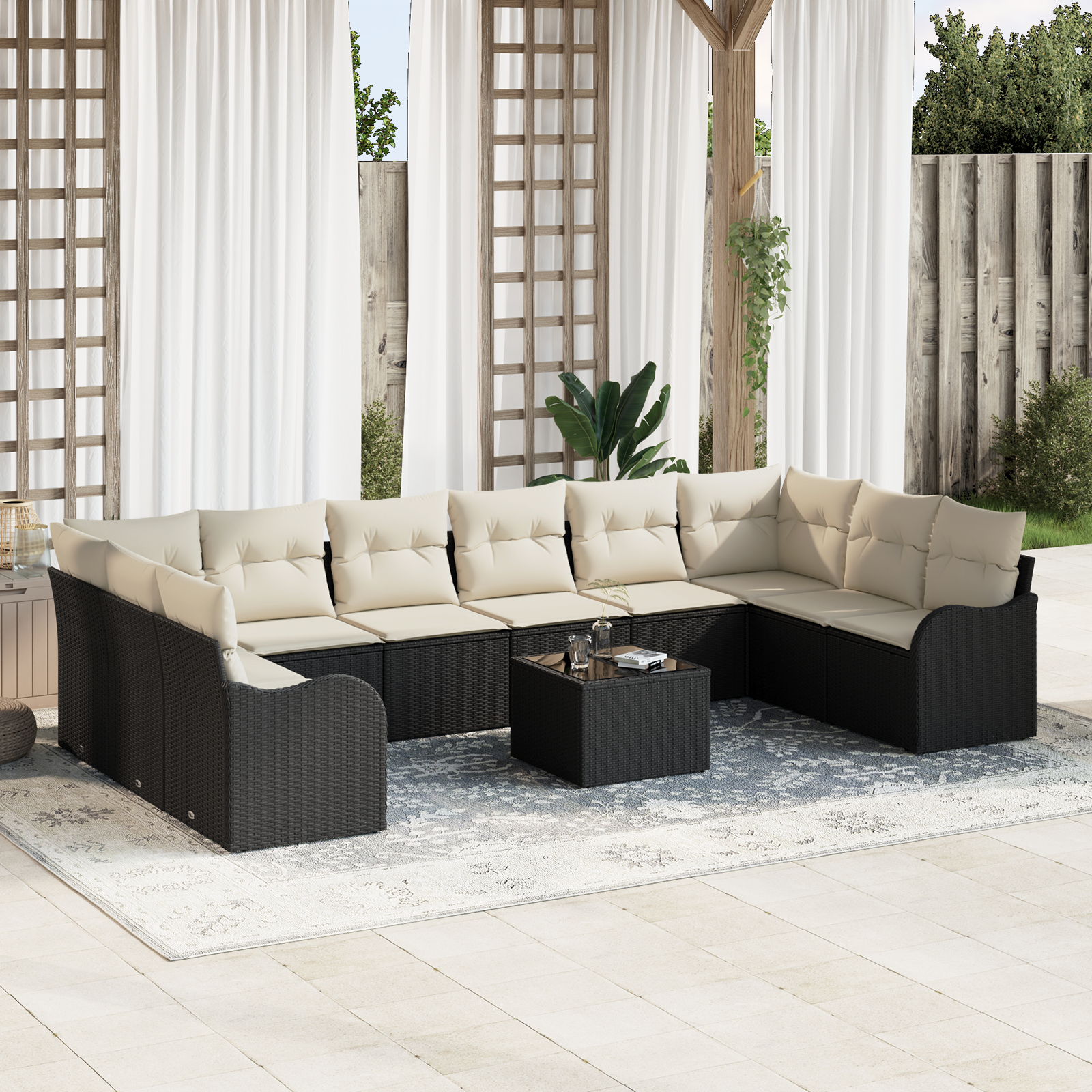 Set de canapea pentru grădină 10 piese cu perne Brown Rattan Polimeric GartenMobel Dekor