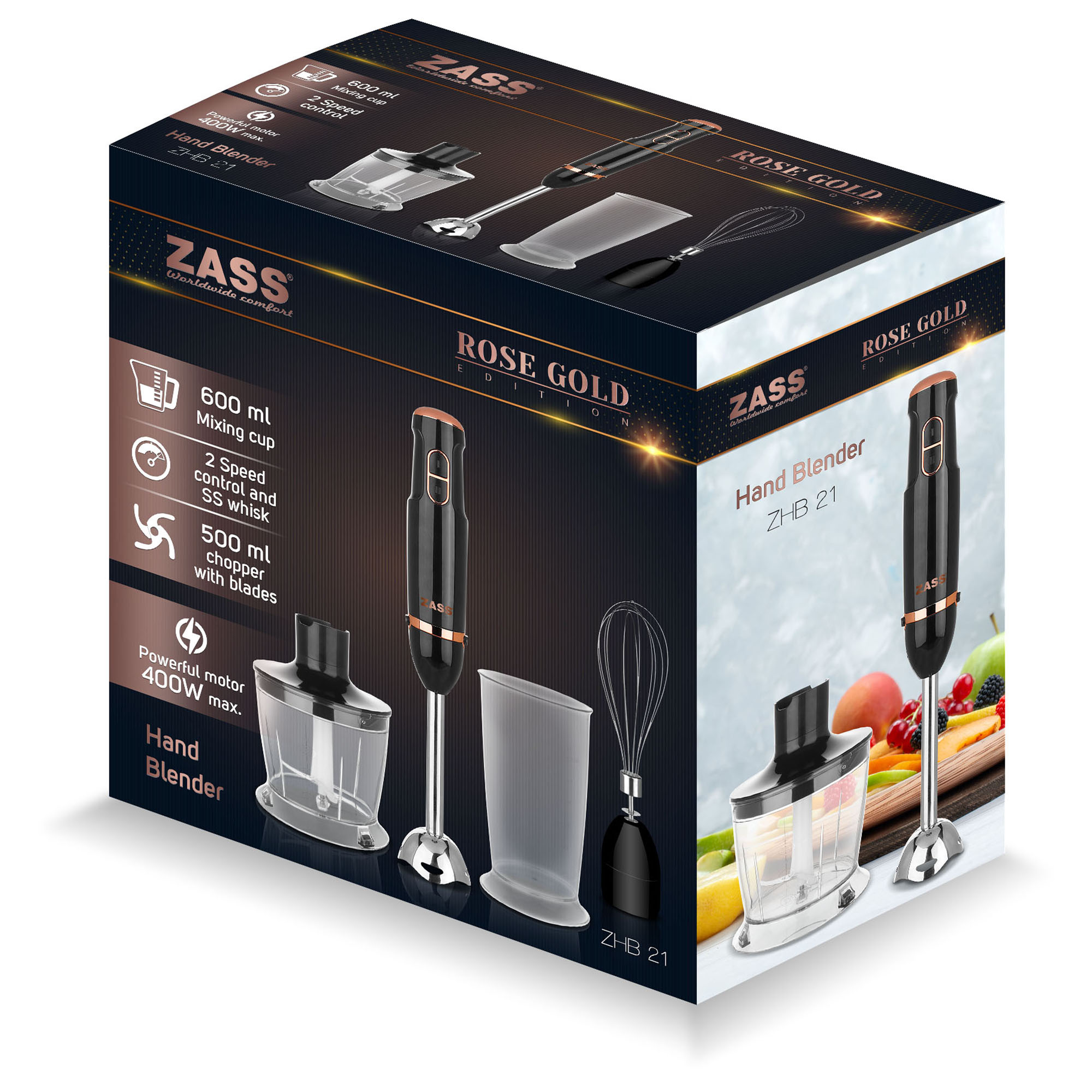 Blender de mana cu accesorii ZASS Rose Gold ZHB 21 ProDesign DailyAppliances