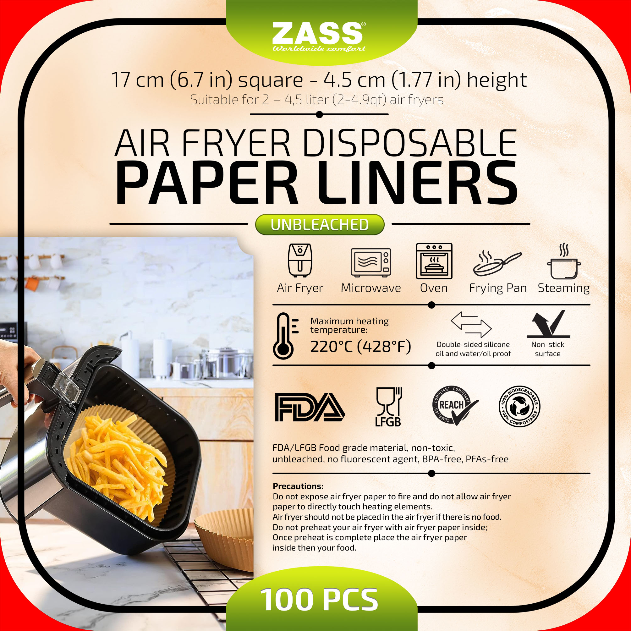 Set 100 buc Hartie de copt pentru airfryer ZASS ZPL 03, 17 cm, forma patrata, Maro ProDesign DailyAppliances