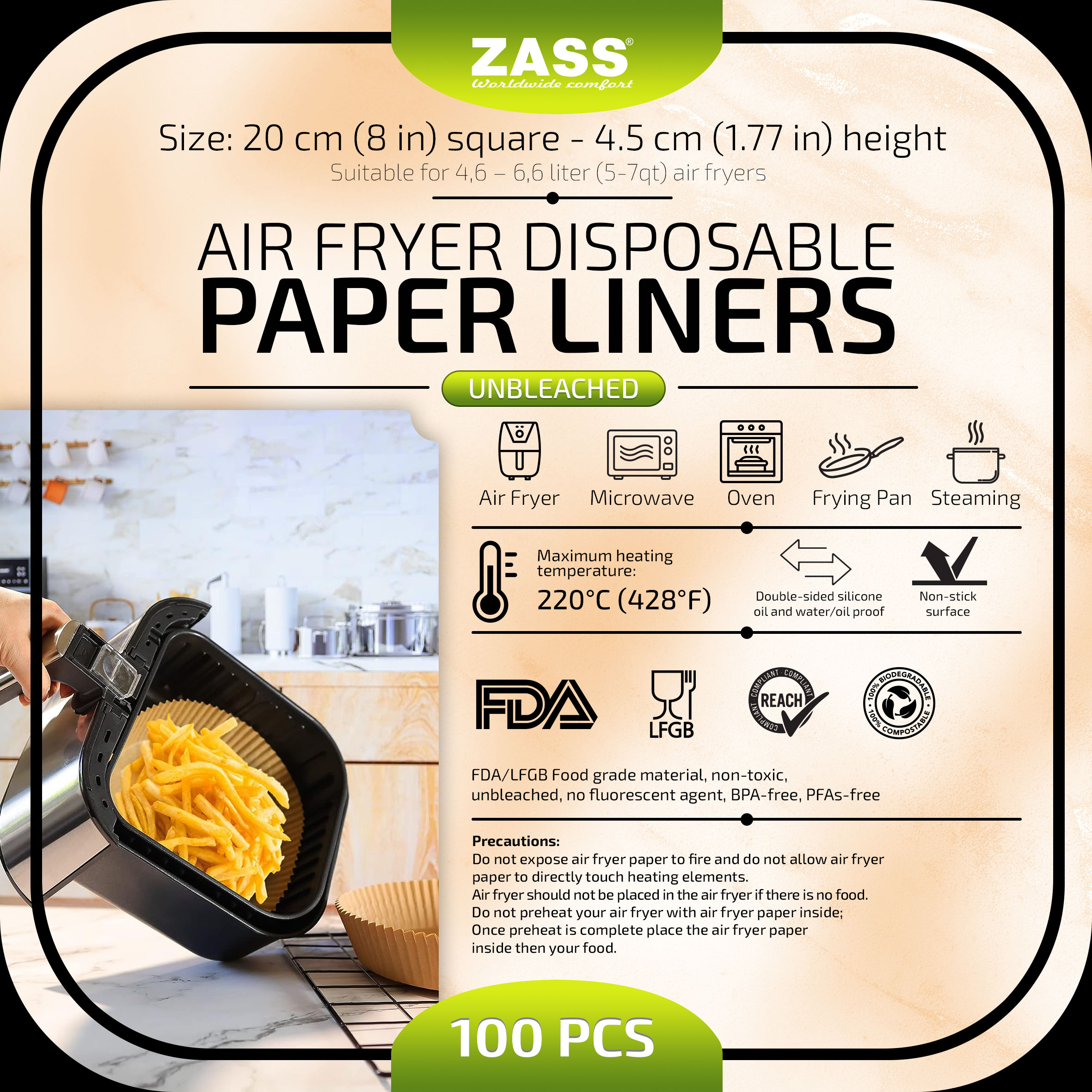 Set 100 buc Hartie de copt pentru airfryer ZASS ZPL 04, 20 cm, Maro, forma patrata, Maro ProDesign DailyAppliances