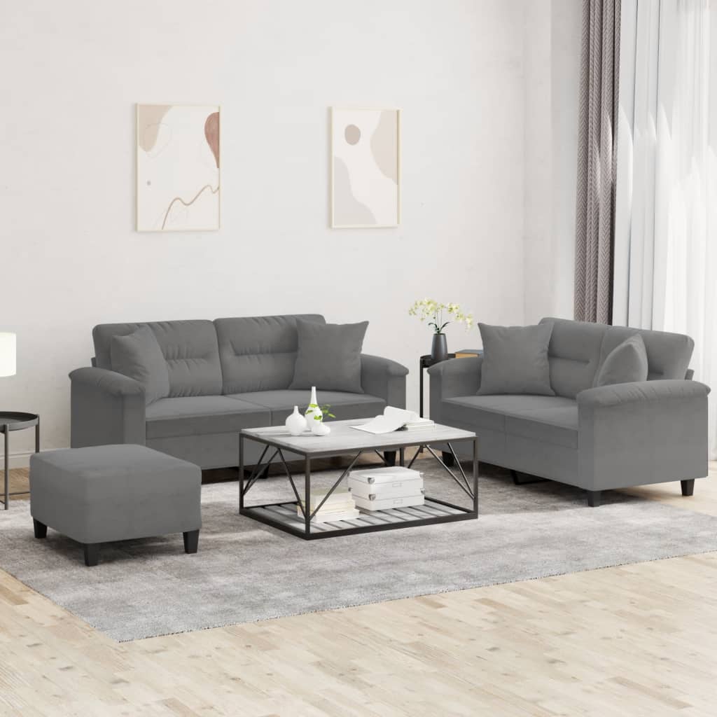 Set de canapele cu perne, 3 piese, gri închis, microfibră GartenMobel Dekor