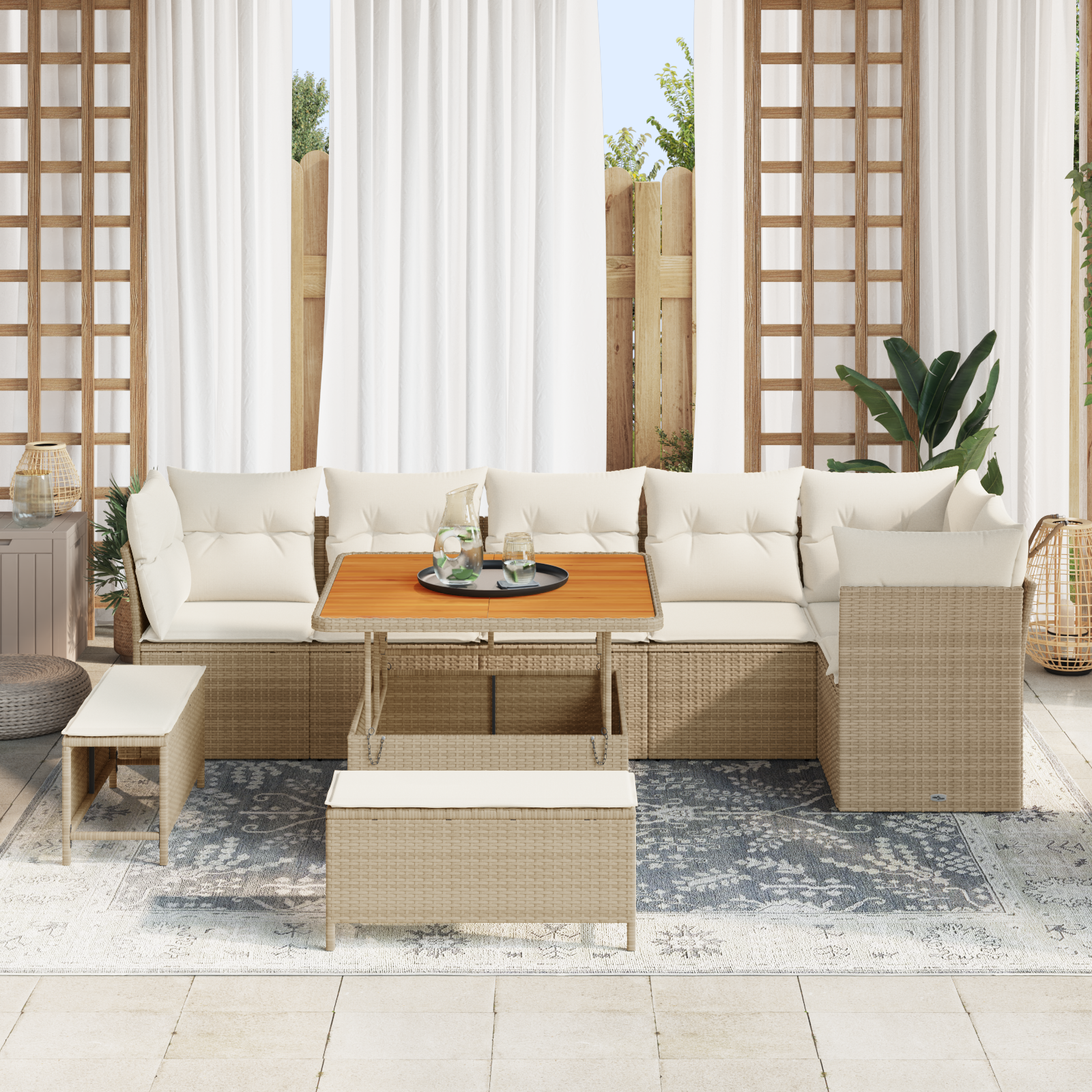 Set de sofa pentru grădină cu 9 piese, cu perne bej, ratan poli, acacia GartenMobel Dekor