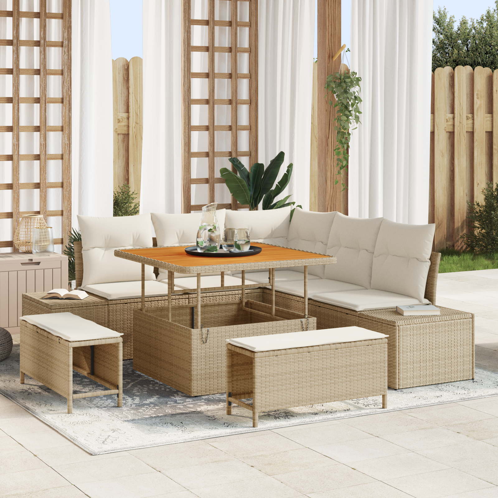 Set de 8 Piese de Sofa pentru Grădină cu Perne Bej Poliratan Acacia GartenMobel Dekor