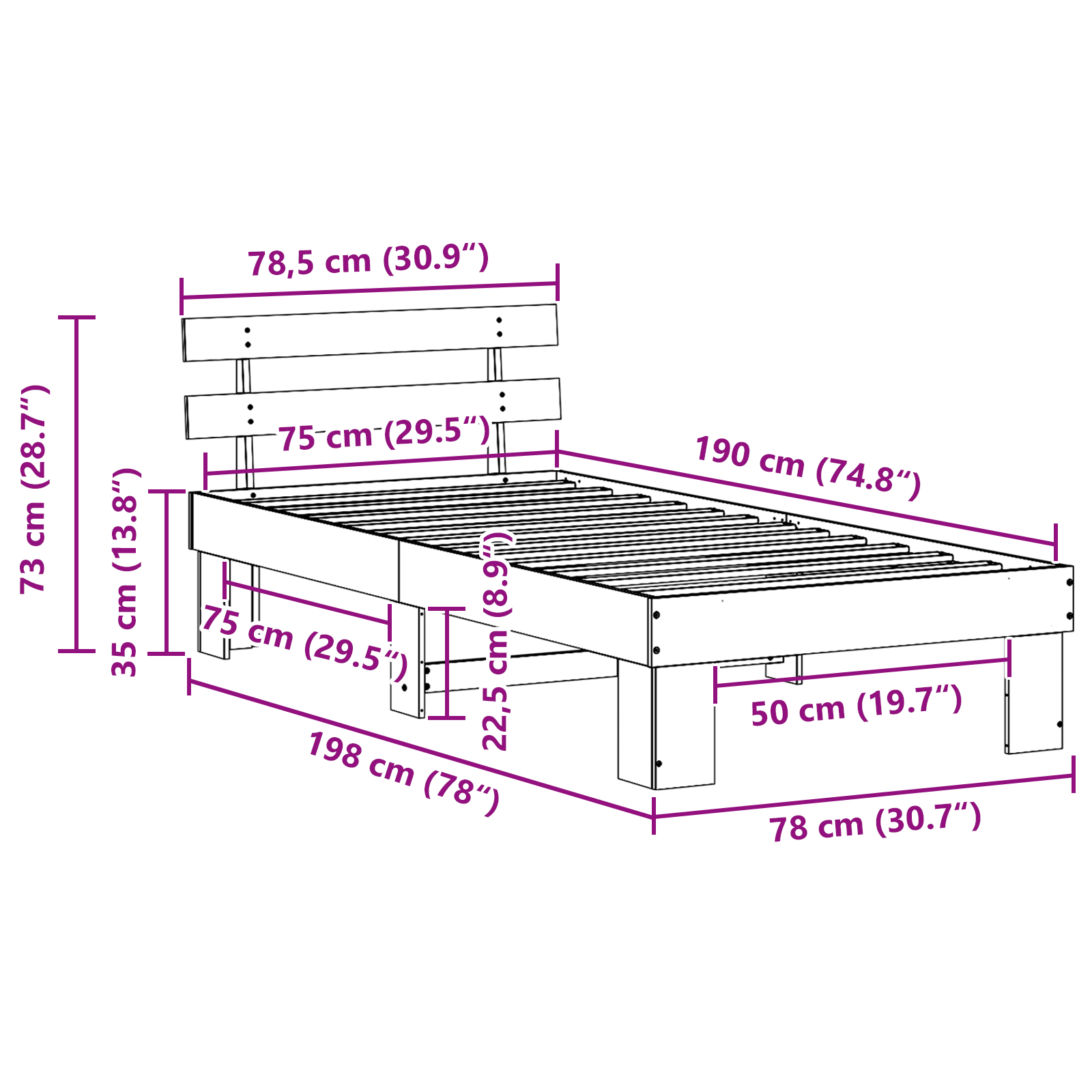 Cadru de pat cu tablie maro cerat 75x190 cm lemn masiv de pin GartenMobel Dekor