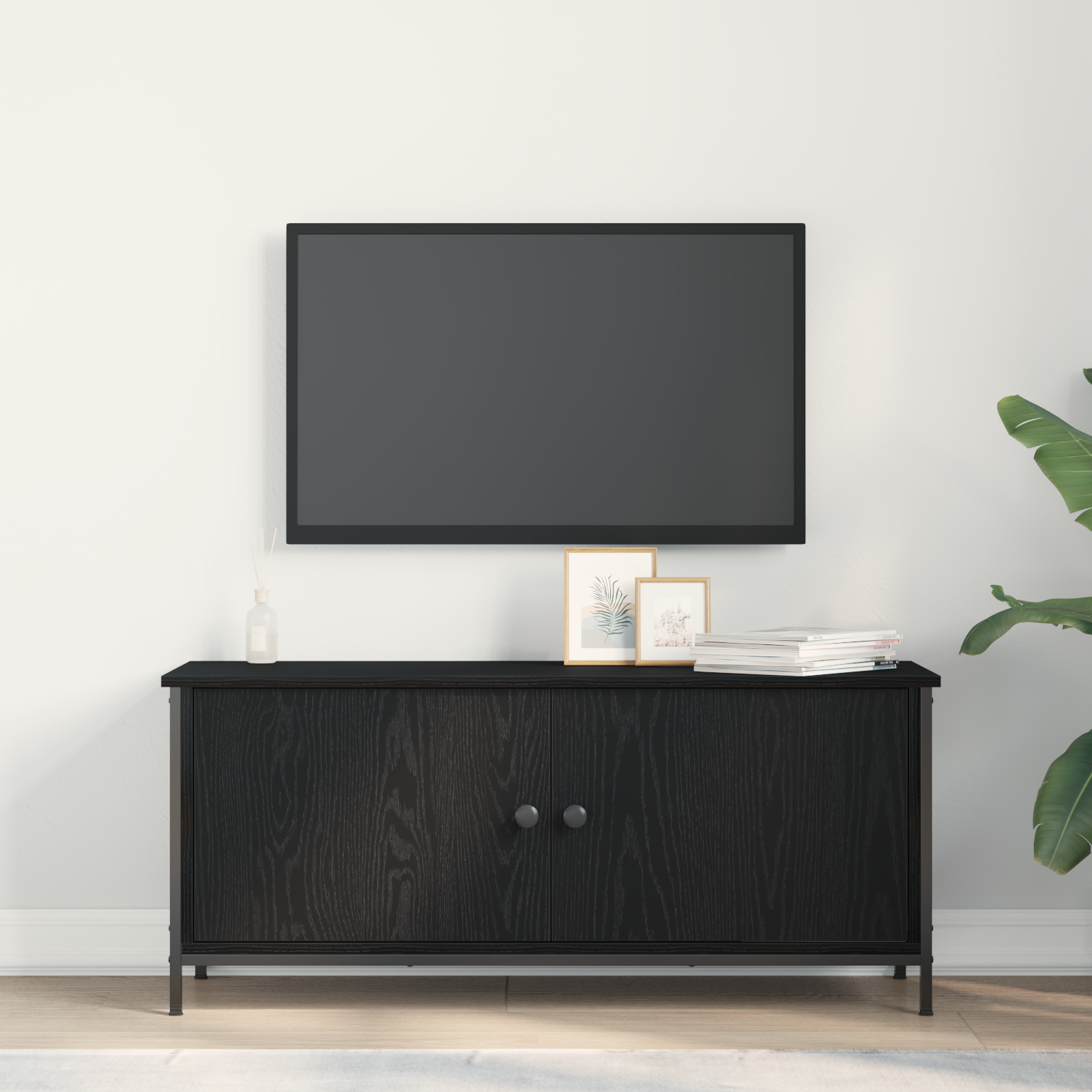 Suport TV din stejar negru Stejar negru Placă aglomerată, Metal GartenMobel Dekor