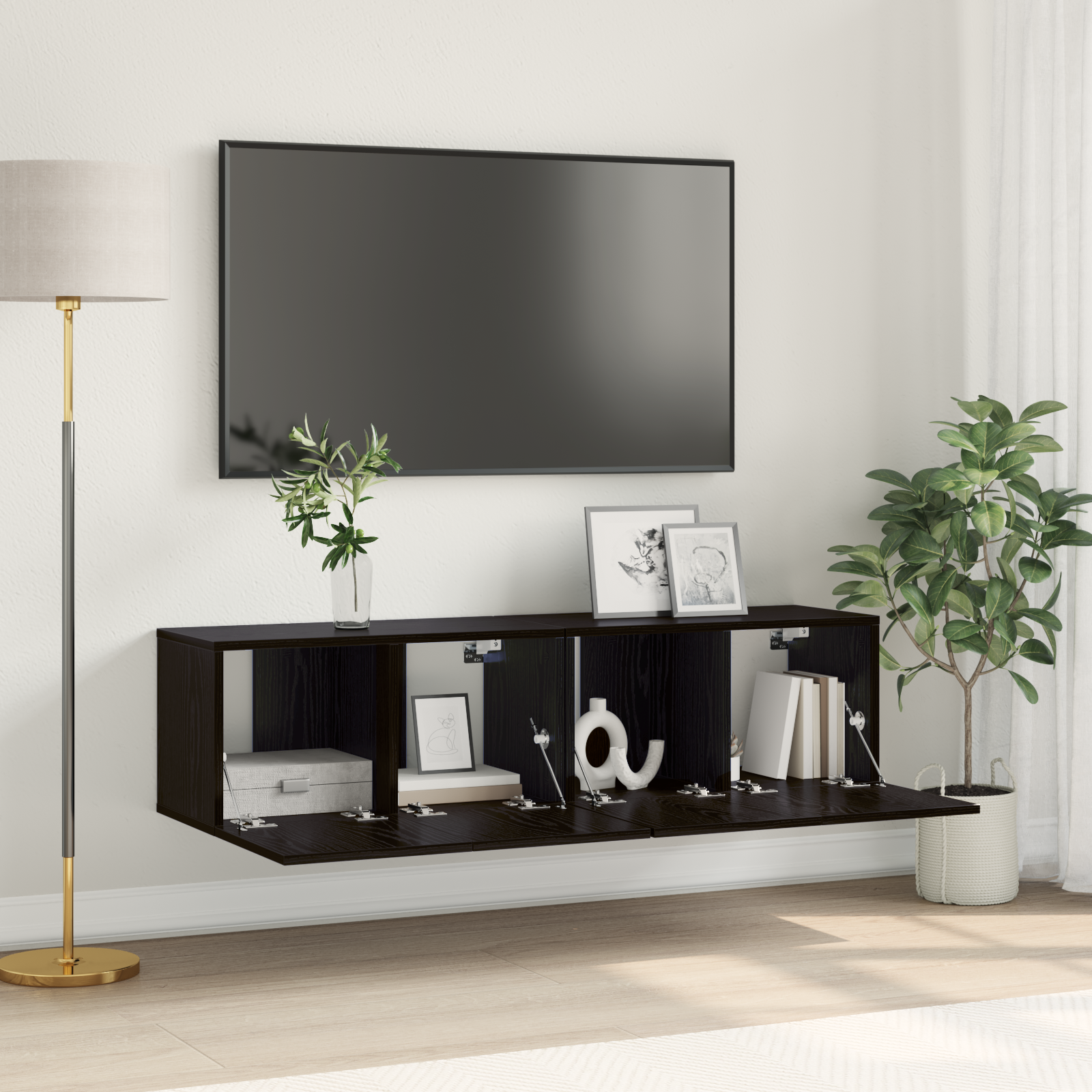 Set Dulap TV Stejar Negru Lemn prelucrat Mic Dulap TV GartenMobel Dekor