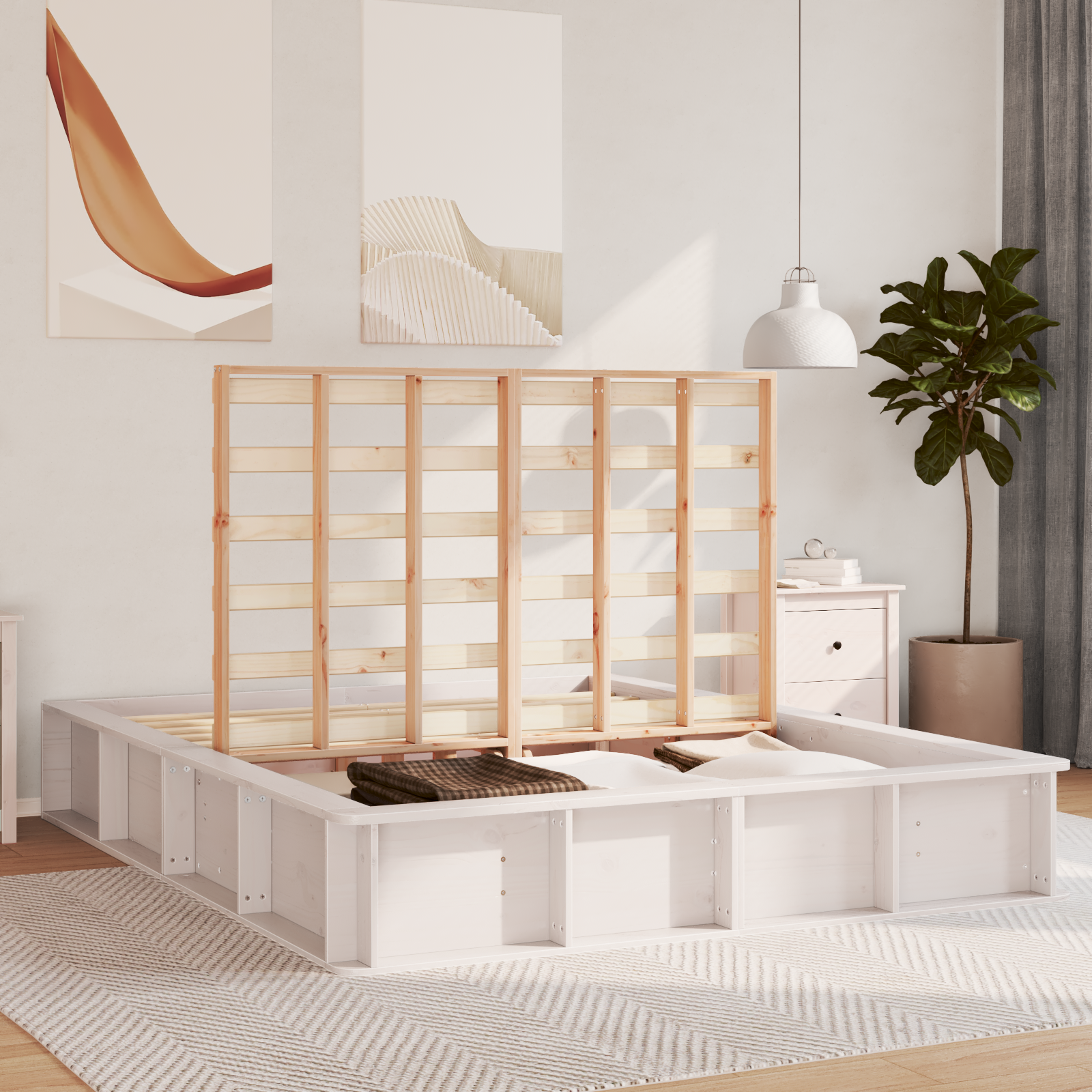 Cadru de pat cu stocare cu ridicare Alb 150x200 cm Lemn masiv Pin GartenMobel Dekor