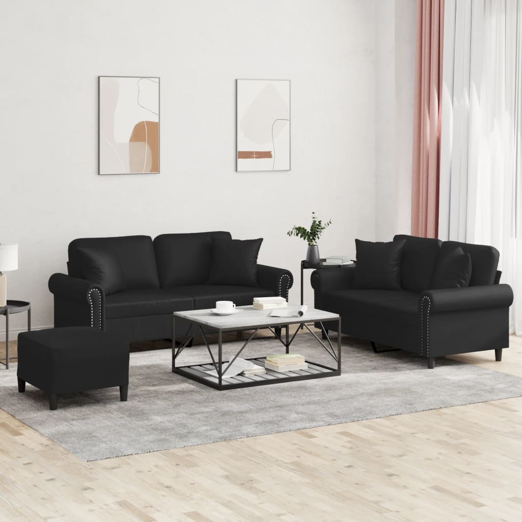 Set de canapele cu perne, 3 piese, negru, piele ecologică GartenMobel Dekor