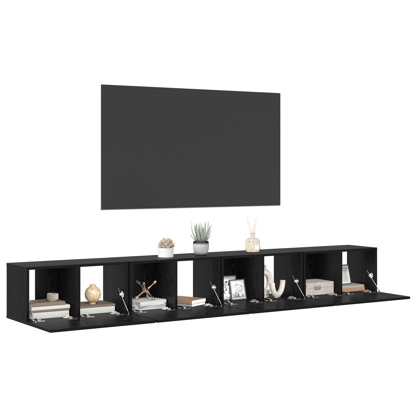 Set cabinet TV 4 piese - Montal pe perete, din lemn compozit de stejar negru. GartenMobel Dekor