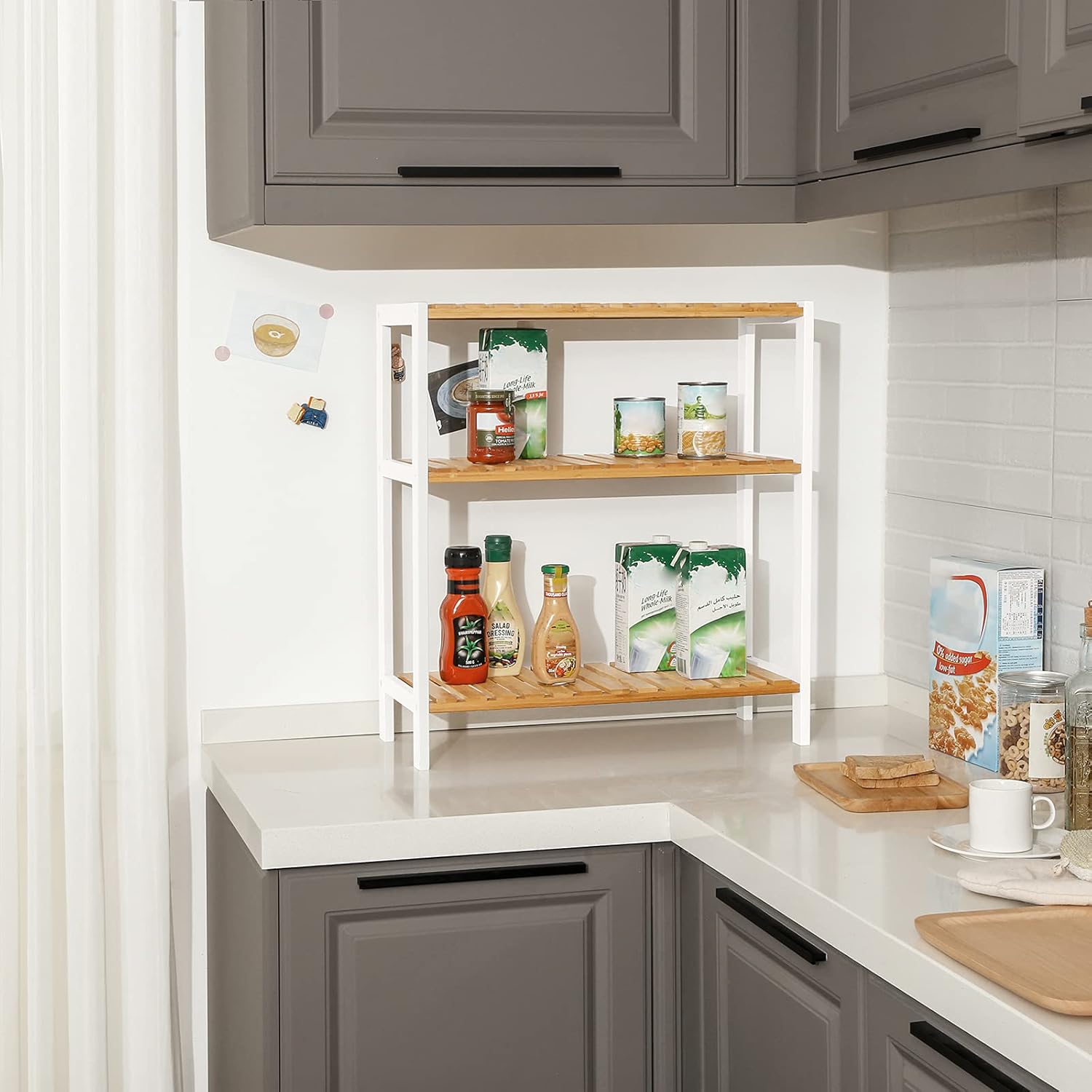 SONGMICS Etajera bambus 60x26x66 cm, cu 3 rafturi, kit anti-rasturnare, alb si natur Household NewTrend