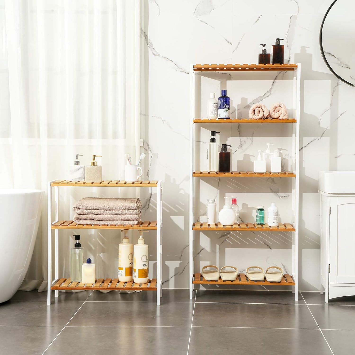 SONGMICS Etajera bambus 60x26x66 cm, cu 3 rafturi, kit anti-rasturnare, alb si natur Household NewTrend