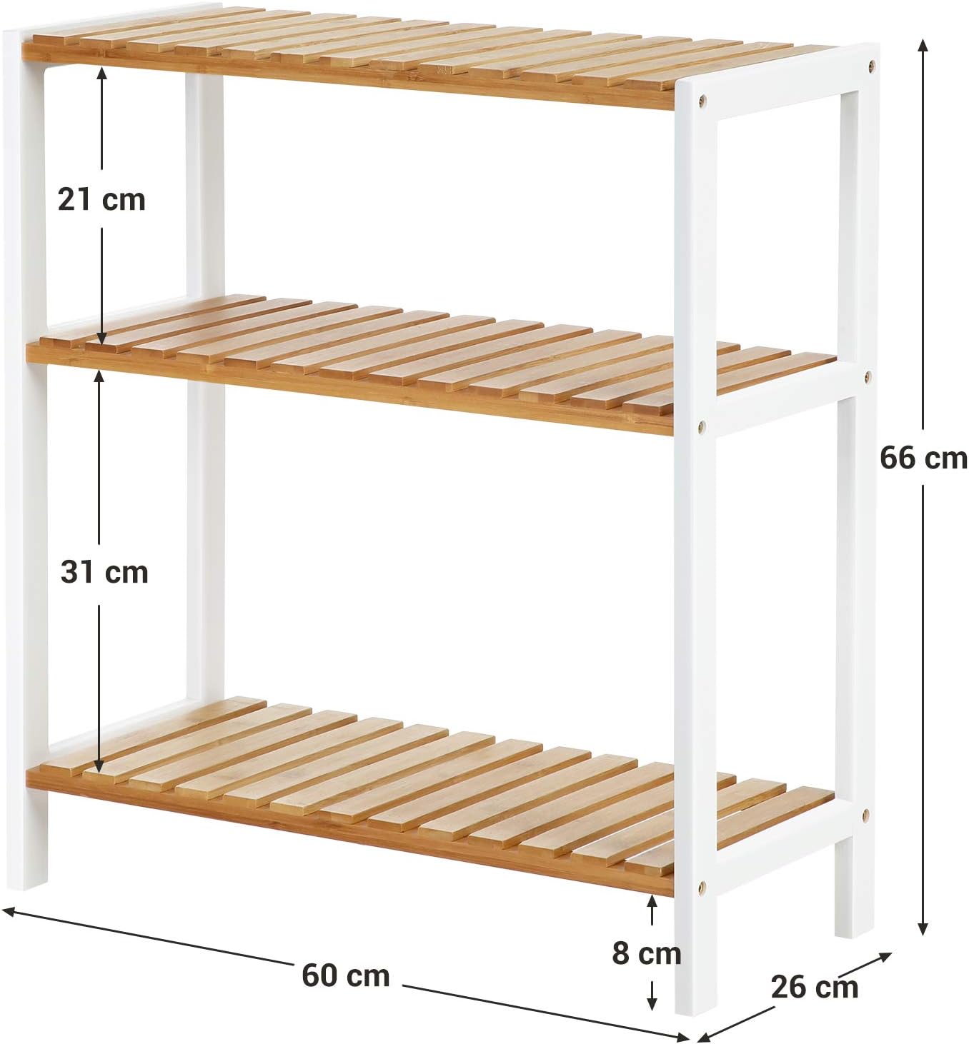SONGMICS Etajera bambus 60x26x66 cm, cu 3 rafturi, kit anti-rasturnare, alb si natur Household NewTrend