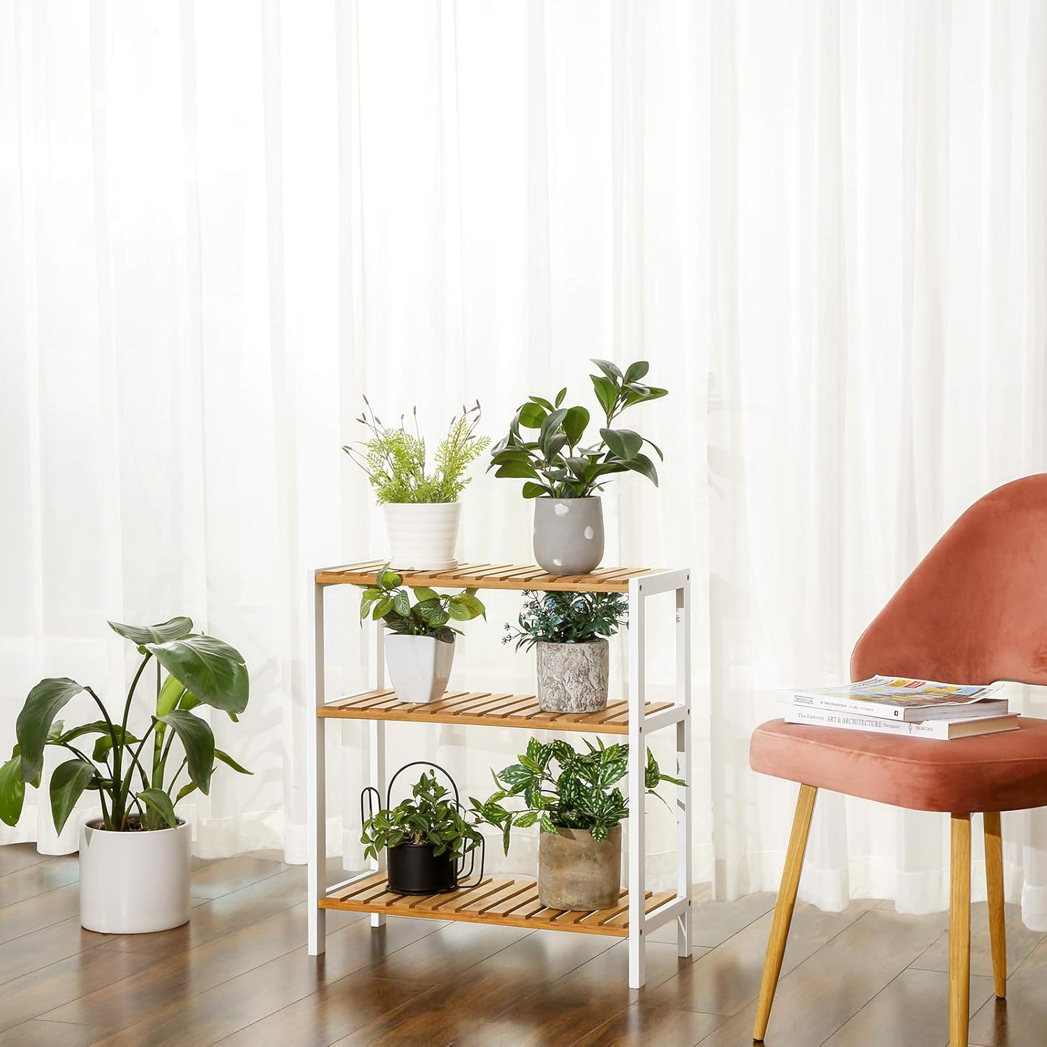 SONGMICS Etajera bambus 60x26x66 cm, cu 3 rafturi, kit anti-rasturnare, alb si natur Household NewTrend