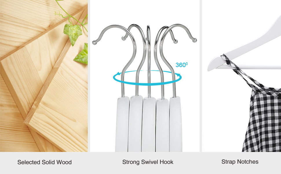 SONGMICS Umerase copii 35x20 cm, set 20 buc, lemn masiv cu bara pentru pantaloni si carlig rotativ, alb Household NewTrend