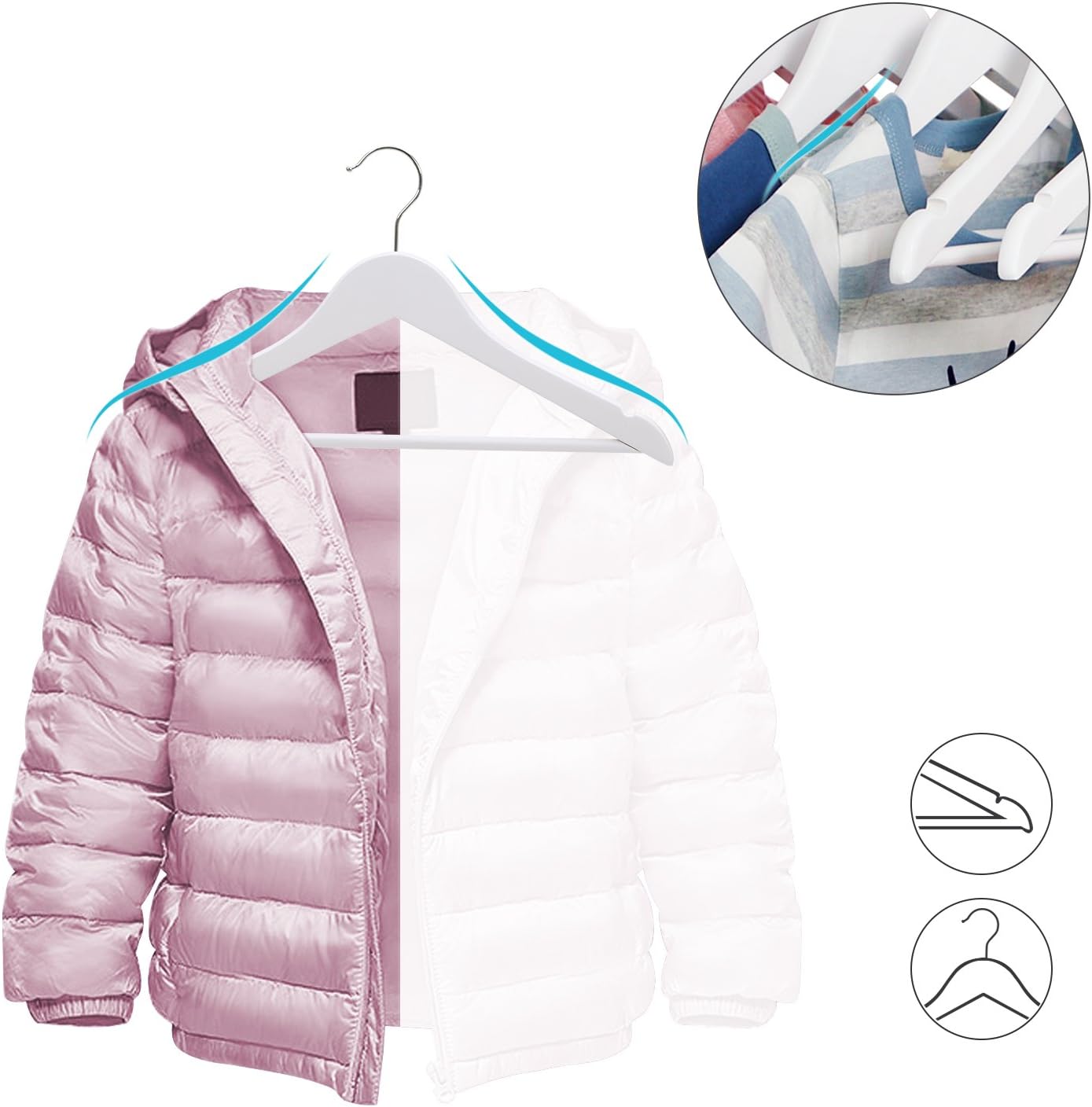 SONGMICS Umerase copii 35x20 cm, set 20 buc, lemn masiv cu bara pentru pantaloni si carlig rotativ, alb Household NewTrend