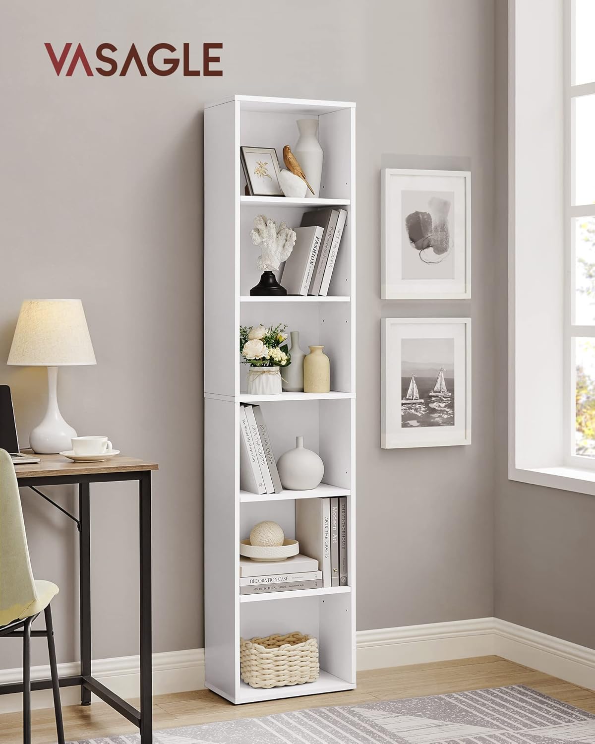 VASAGLE Biblioteca verticala 40x24x179 cm, 6 rafturi din care 4 reglabile, PAL alb mat Household NewTrend