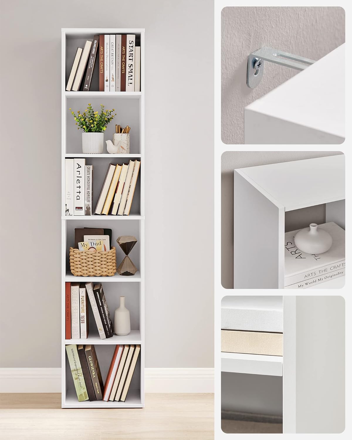 VASAGLE Biblioteca verticala 40x24x179 cm, 6 rafturi din care 4 reglabile, PAL alb mat Household NewTrend