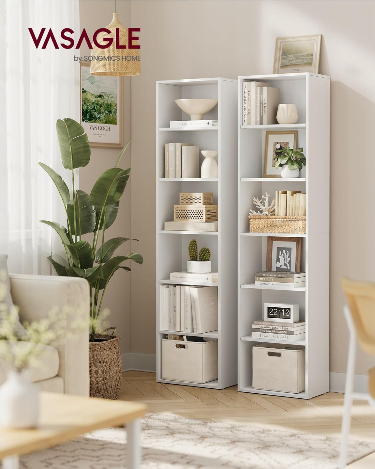 VASAGLE Biblioteca verticala 40x24x179 cm, 6 rafturi din care 4 reglabile, PAL alb mat Household NewTrend