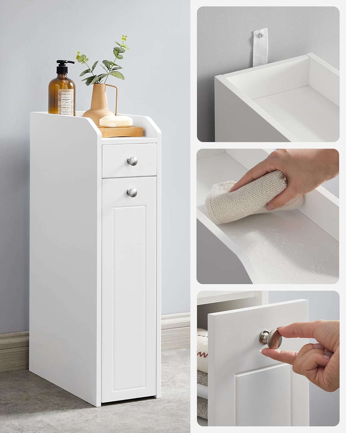 VASAGLE Dulap baie ingust cu sertare si roti, pentru depozitare, MDF, 40x18x70 cm, alb Household NewTrend