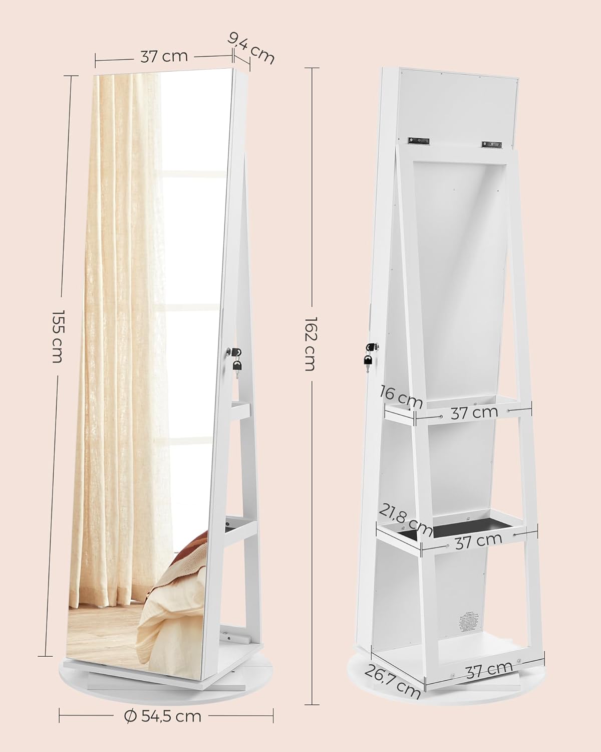 SONGMICS Oglinda de podea cu suport rotativ la 360°, cu spatiu de depozitare, 55x55x162 cm, alb cenusiu Household NewTrend