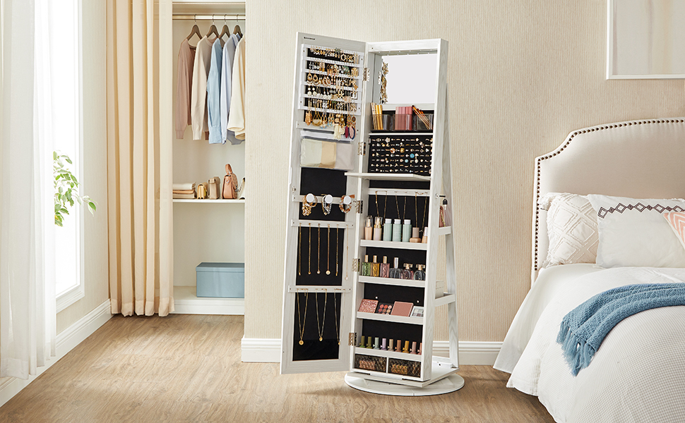 SONGMICS Oglinda de podea cu suport rotativ la 360°, cu spatiu de depozitare, 55x55x162 cm, alb cenusiu Household NewTrend