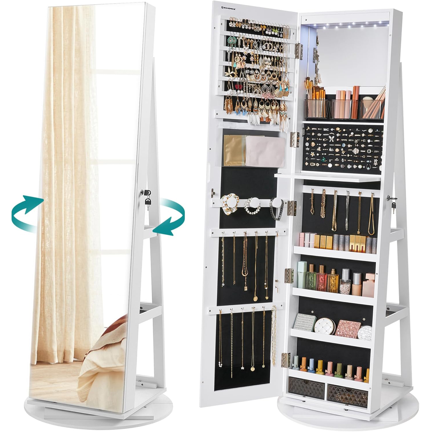 SONGMICS Oglinda de podea cu suport rotativ la 360°, cu spatiu de depozitare, 55x55x162 cm, alb cenusiu Household NewTrend