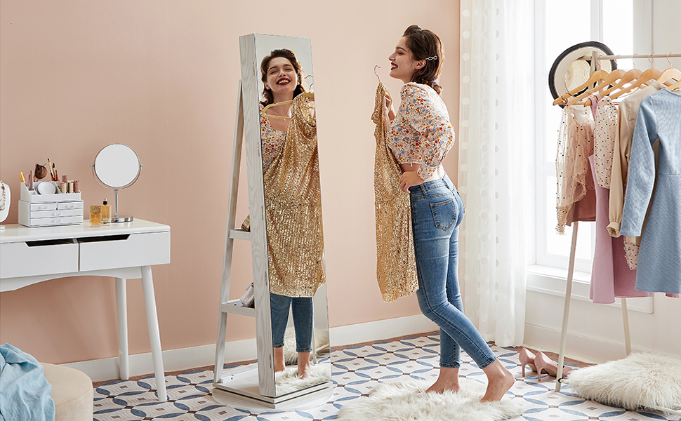 SONGMICS Oglinda de podea cu suport rotativ la 360°, cu spatiu de depozitare, 55x55x162 cm, alb cenusiu Household NewTrend