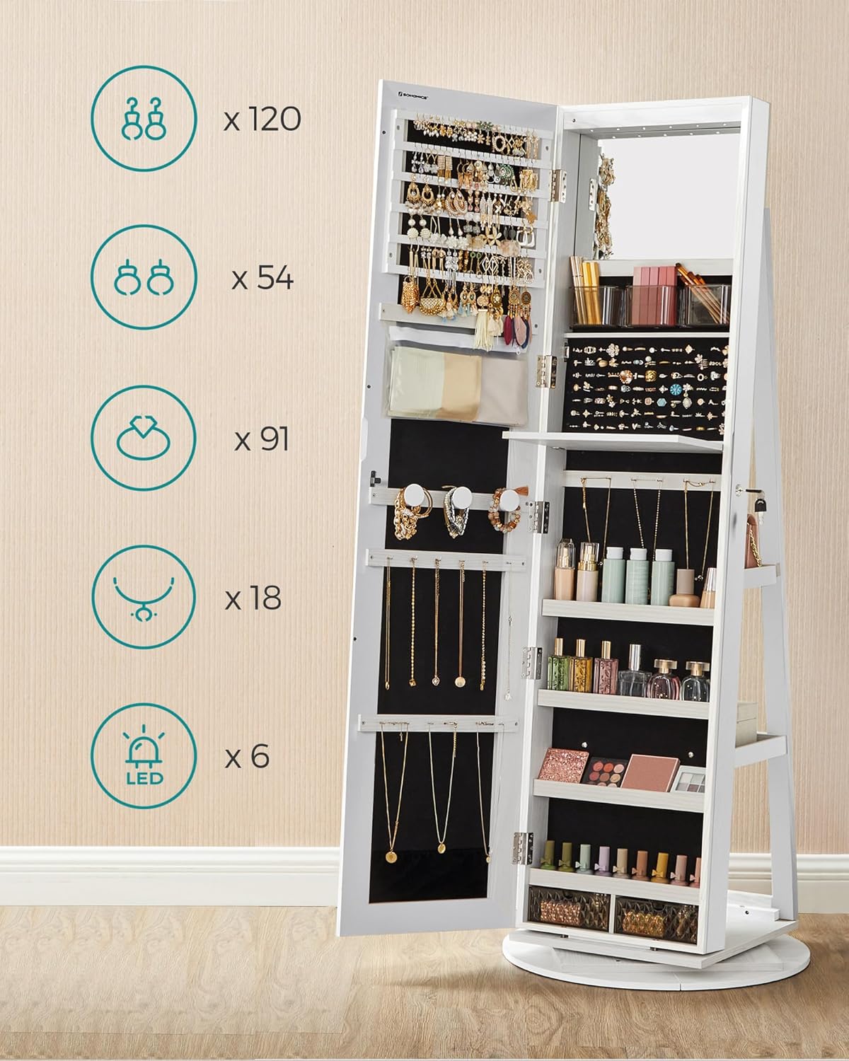 SONGMICS Oglinda de podea cu suport rotativ la 360°, cu spatiu de depozitare, 55x55x162 cm, alb cenusiu Household NewTrend