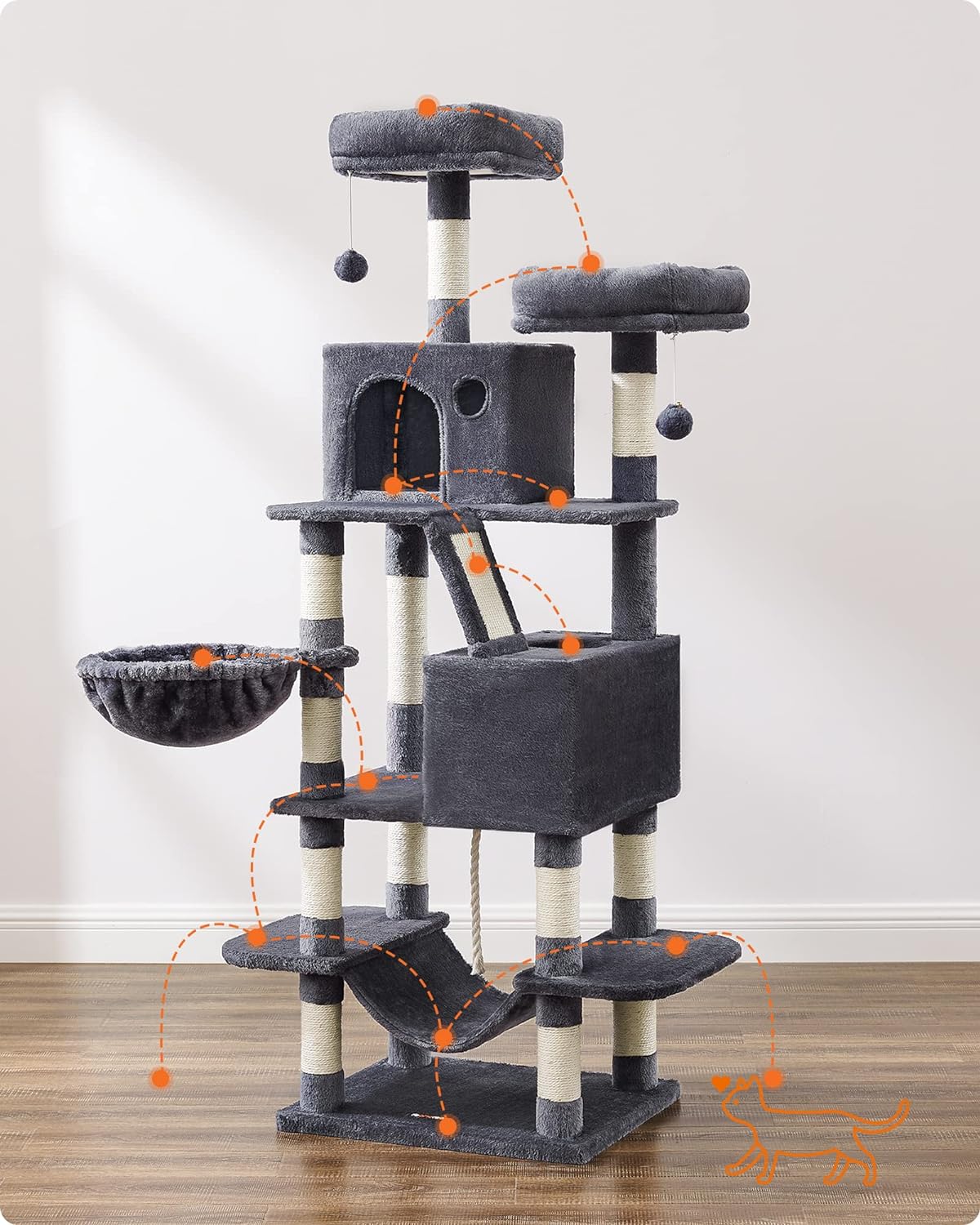 FEANDREA Ansamblu de joaca pisici, tip copac, XXL, loc pentru 6 pisici, 55x45x168 cm, gri inchis Household NewTrend