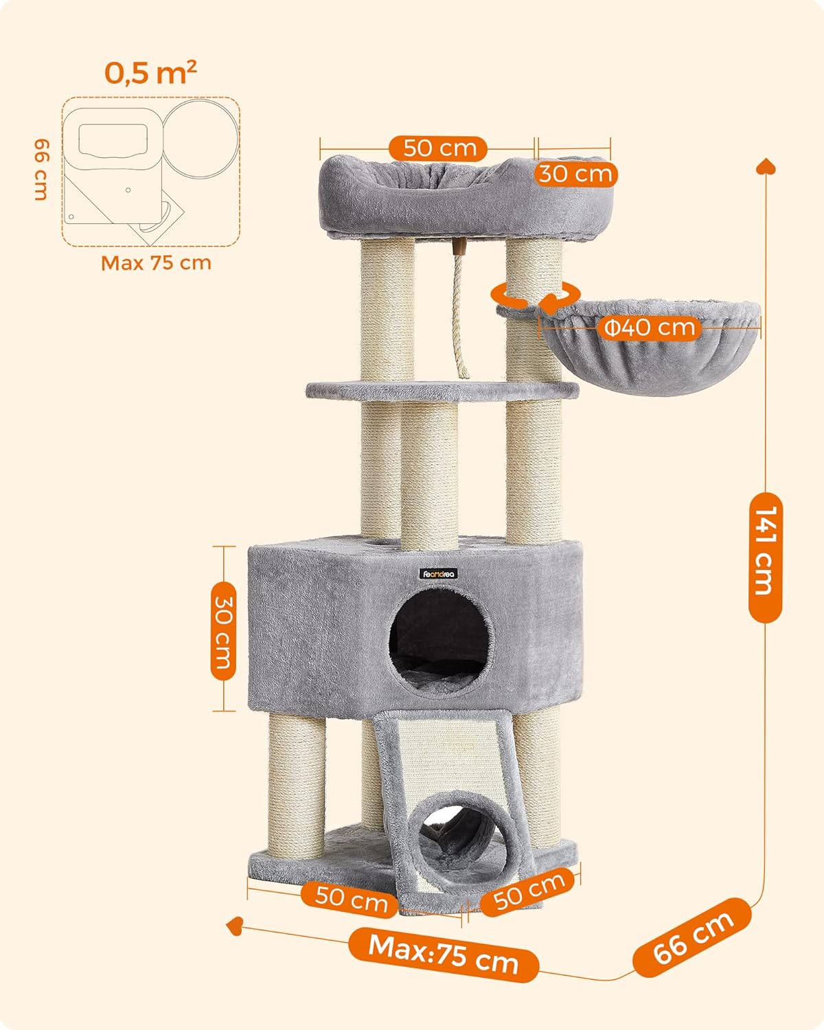 FEANDREA Ansamblu de joaca pisici, tip copac, pentru pisici de dimensiuni mari, 50x50x141 cm, gri Household NewTrend