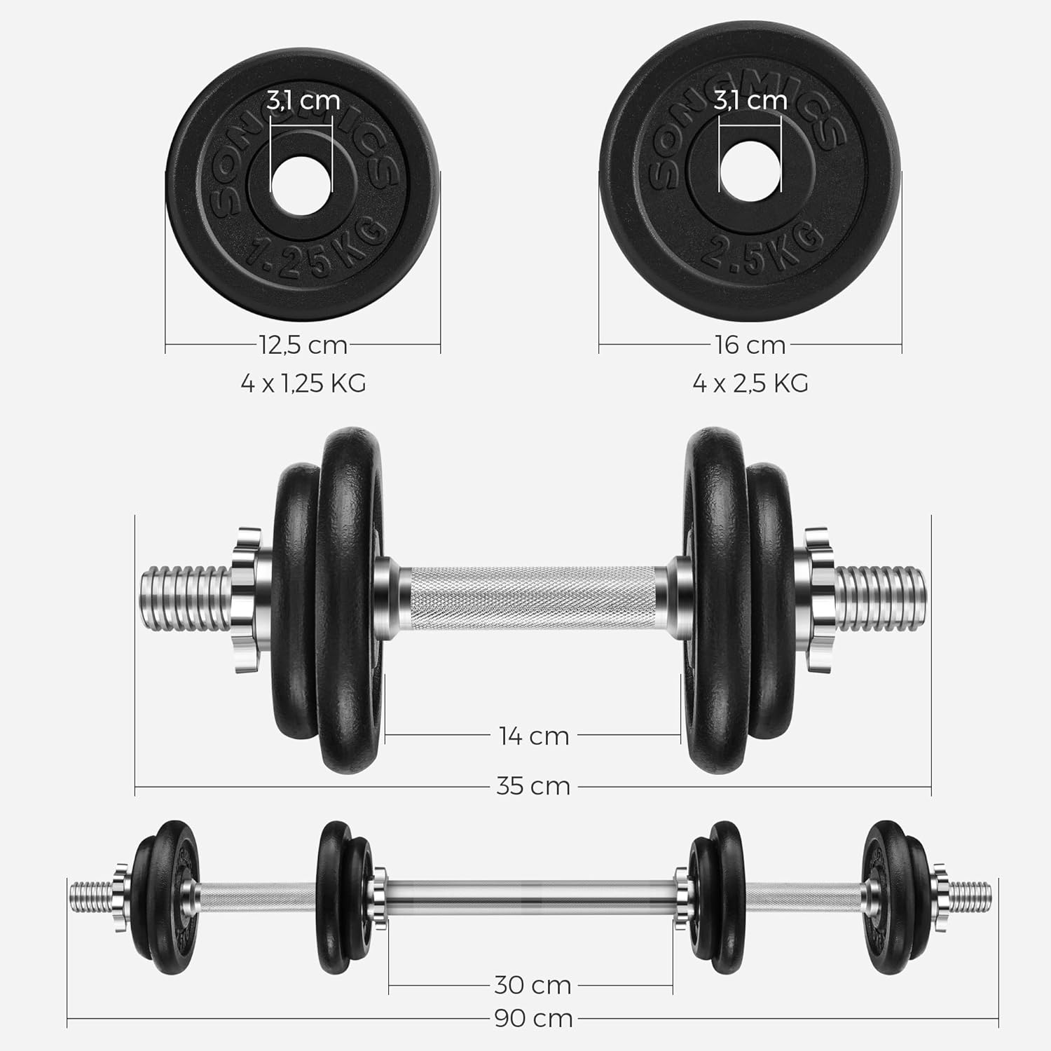 SONGMICS Set gantere si haltera reglabile, integral din otel, 20kg Household NewTrend